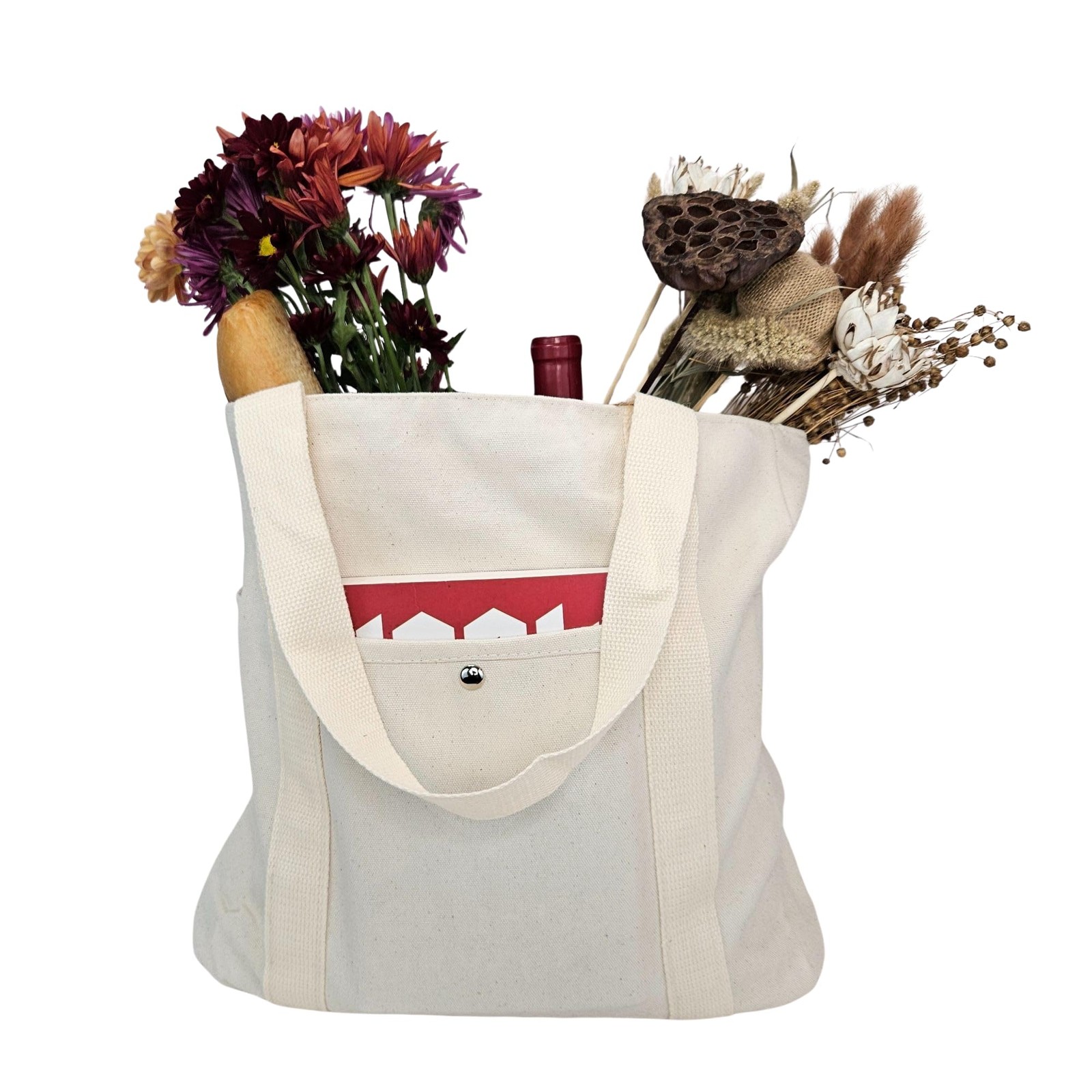Canvas Grocery Tote Bag – 12oz Heavy Cotton, Zipper Top, Front & Side Pockets…