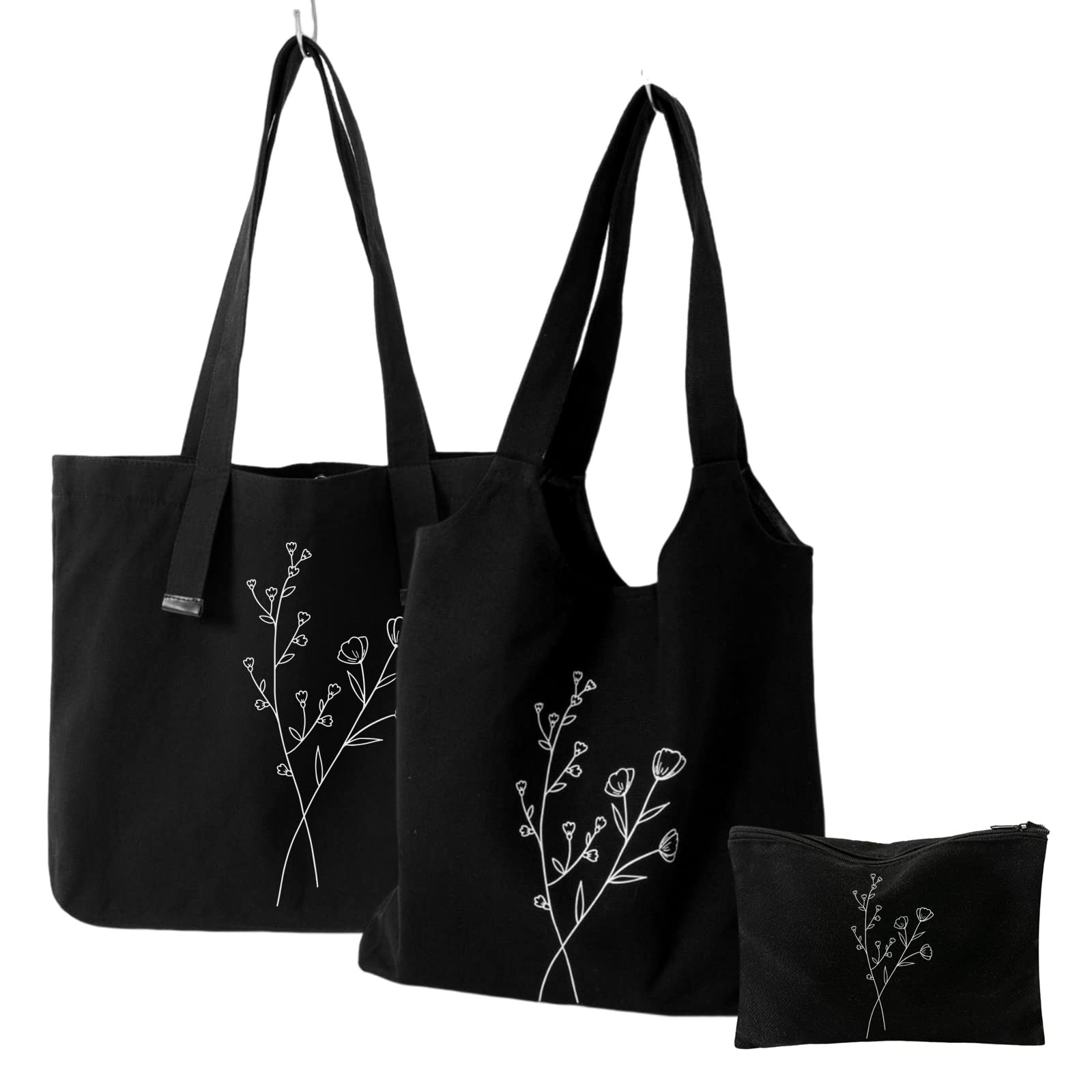 KIEKIECOO 3 pc Black Canvas Tote Bag women Floral Line One Size, Black-3-4