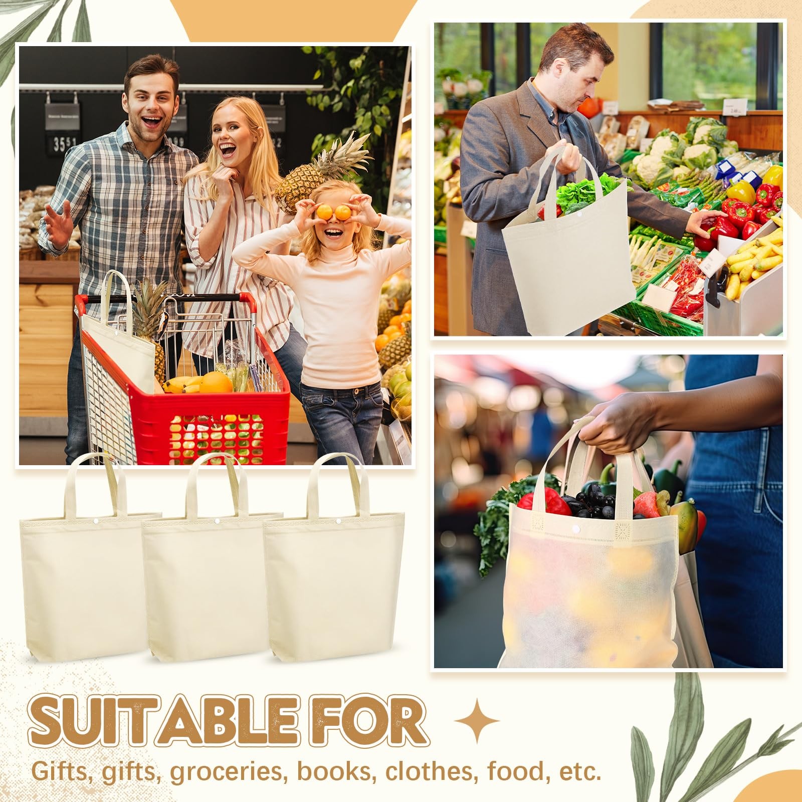 100 PCS Reusable Grocery Bags, Bulk Non Woven, Portable Foldable Tote, Button