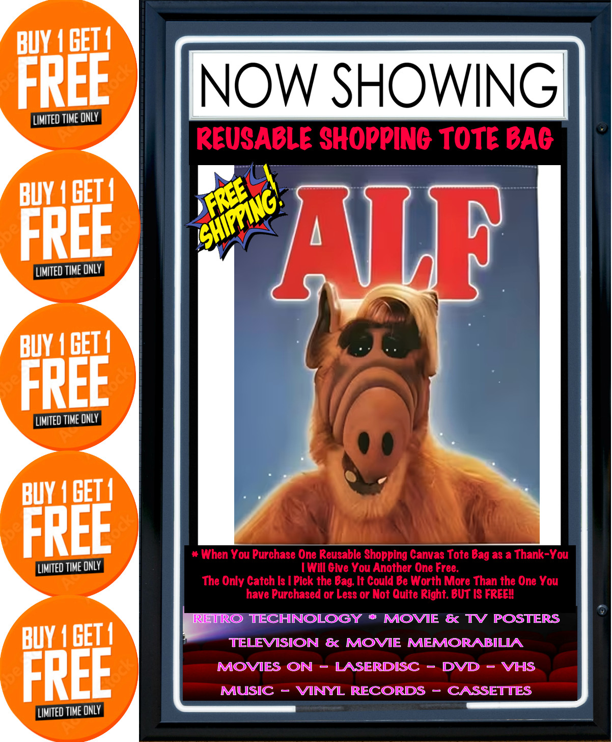 ALF 1980’s Comedy TV Show Reusable Tote Shopping Bag Double Handles Free Post #B