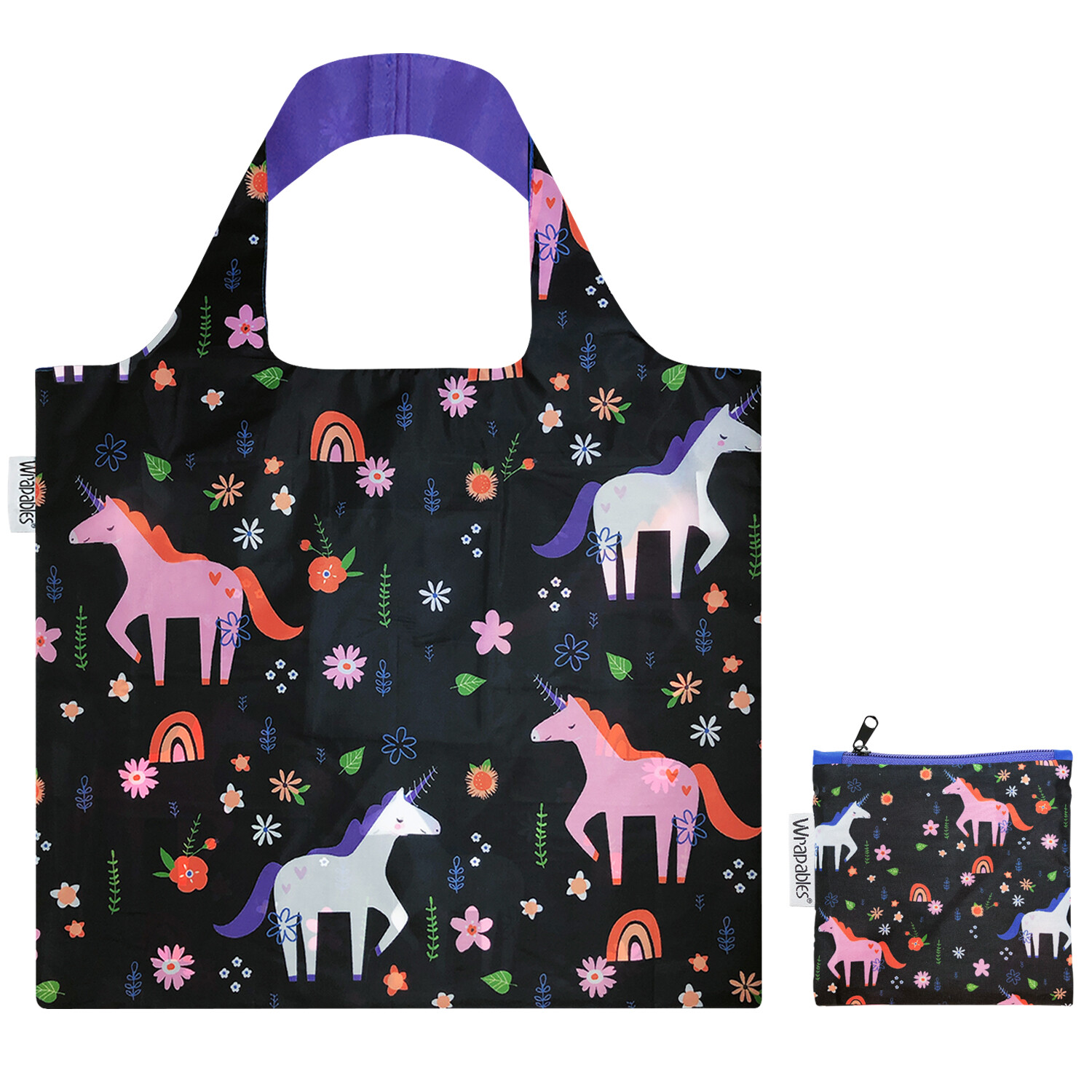 Wrapables Large Reusable Shopping Tote Bag with Outer Pouch, Unicorns