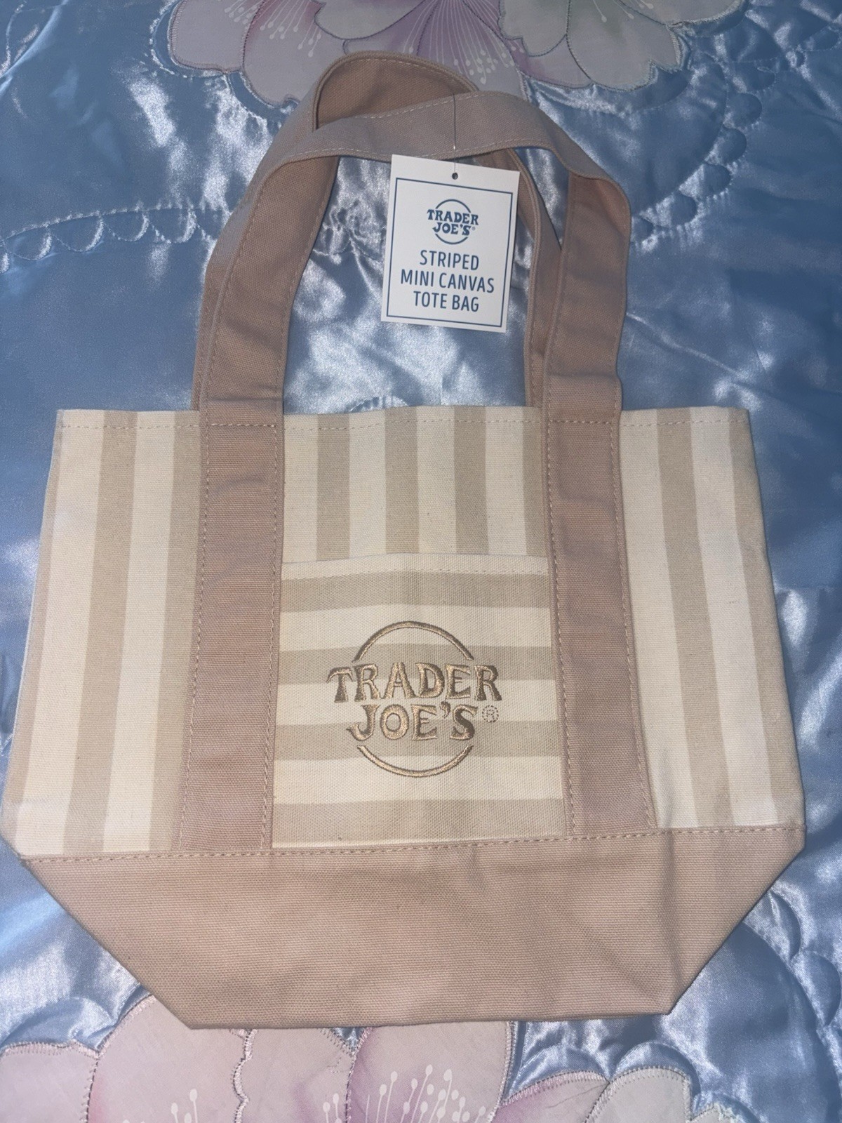 Trader Joe’s Striped Mini Canvas Tote Bag, Reusable Beige/Tan