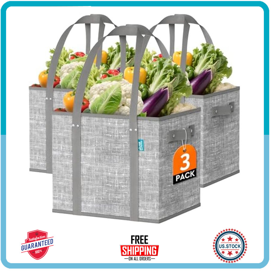 Fab Totes Reusable Grocery Bags 3 Pack Foldable Heavy Duty Shopping Tote Grey