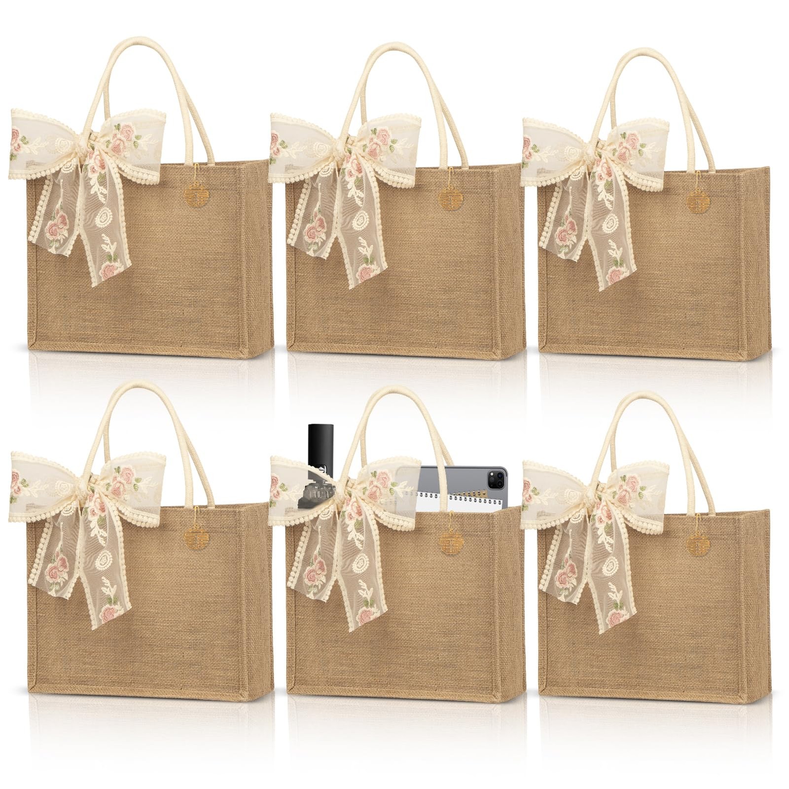 Burlap Jute Tote Bag 13x9x5 Inch PE Lined Water Resistant Interior Gift Bag