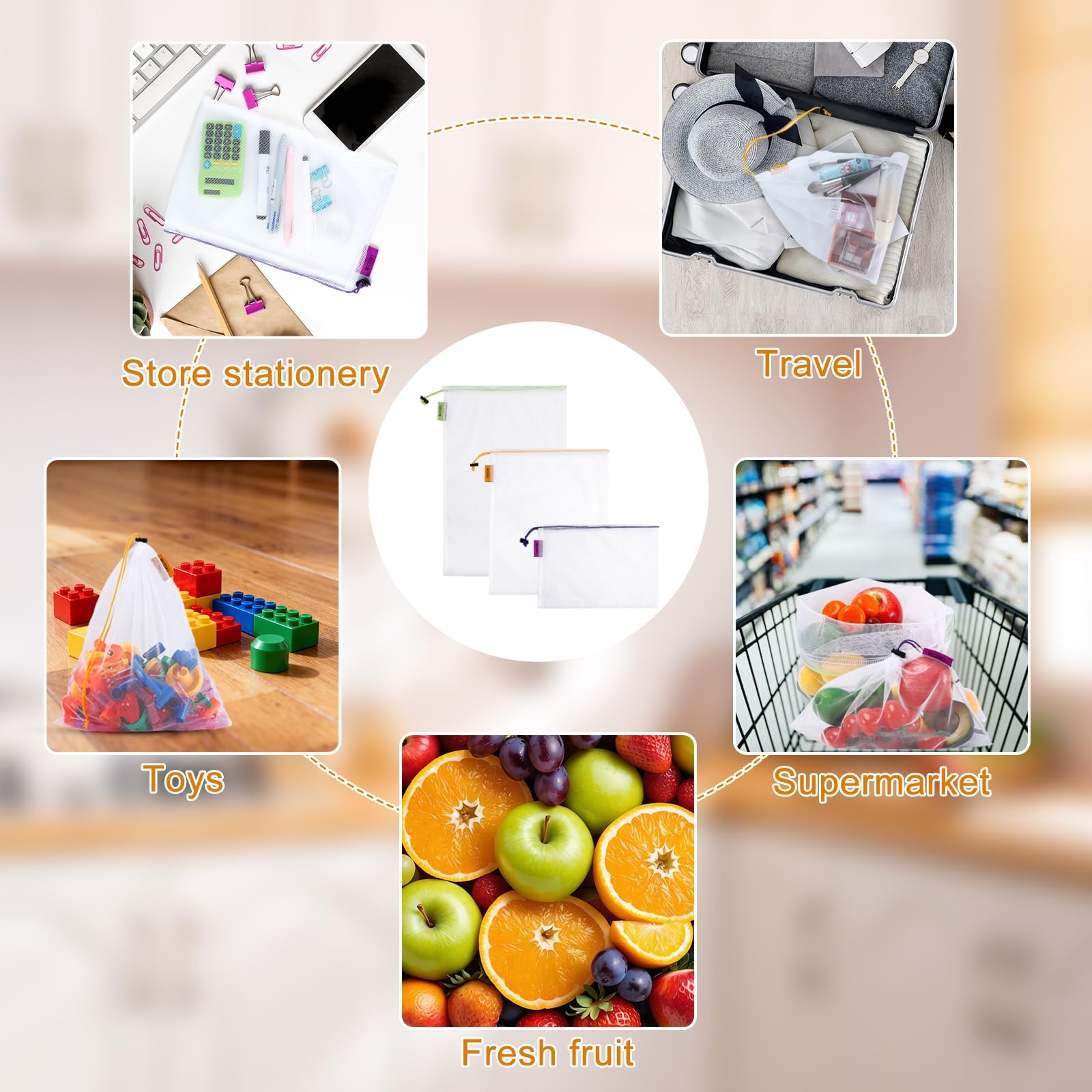 15 Pack Reusable Produce Bags,Washable Mesh Produce Bags,Mesh Grocery Bag wit…