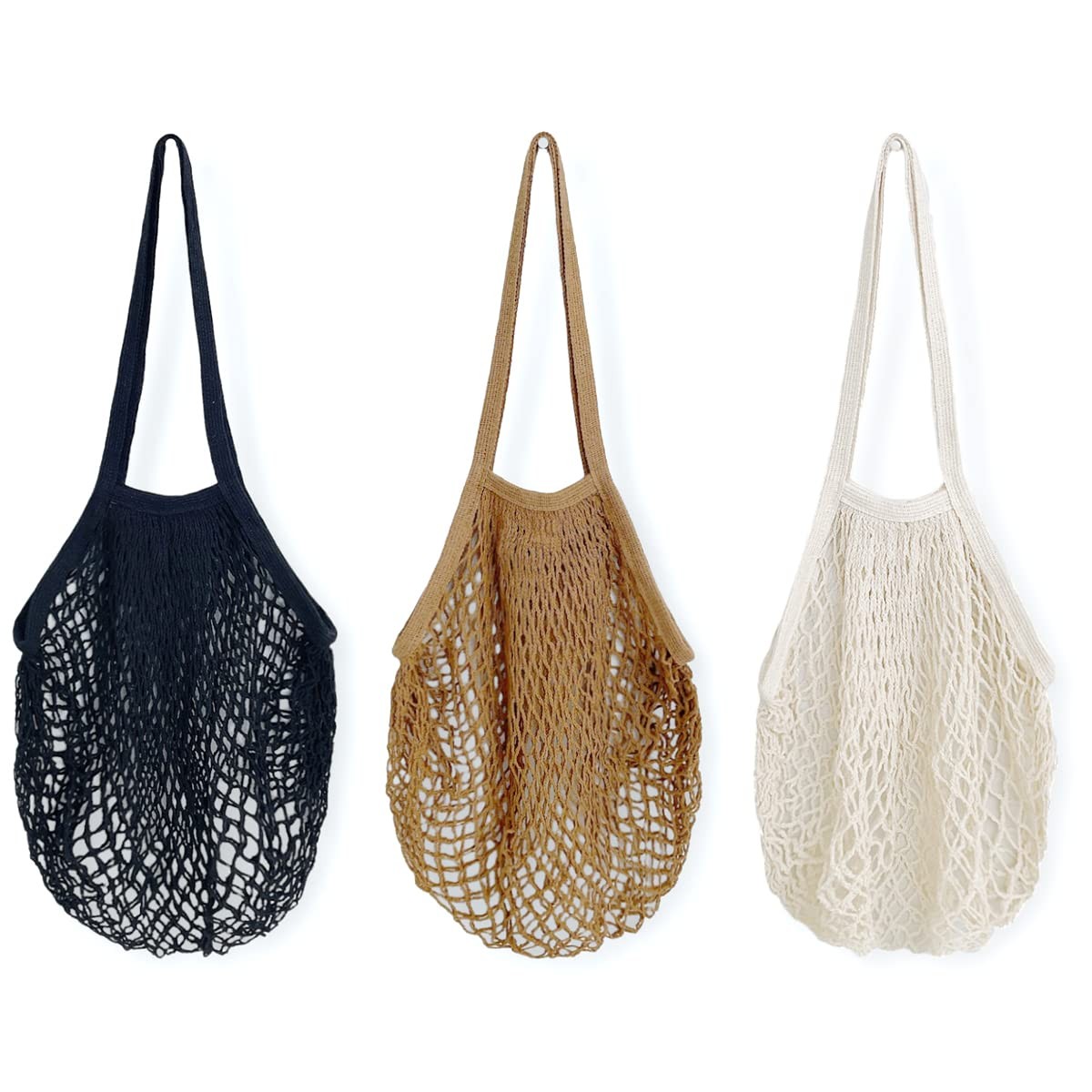 allydrew Cotton Mesh Net Foldable Reusable Set of 3, Black, Brown, Beige