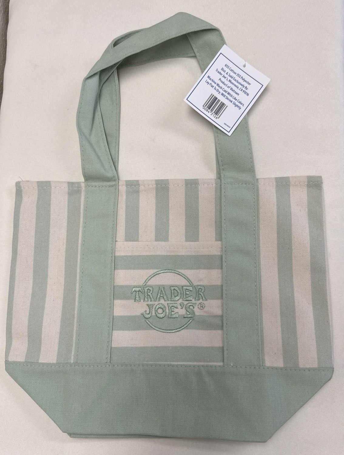 Trader Joe’s Mini Striped Canvas Tote Bag Green/Beige 13x6x10 NWT Combine Ship!
