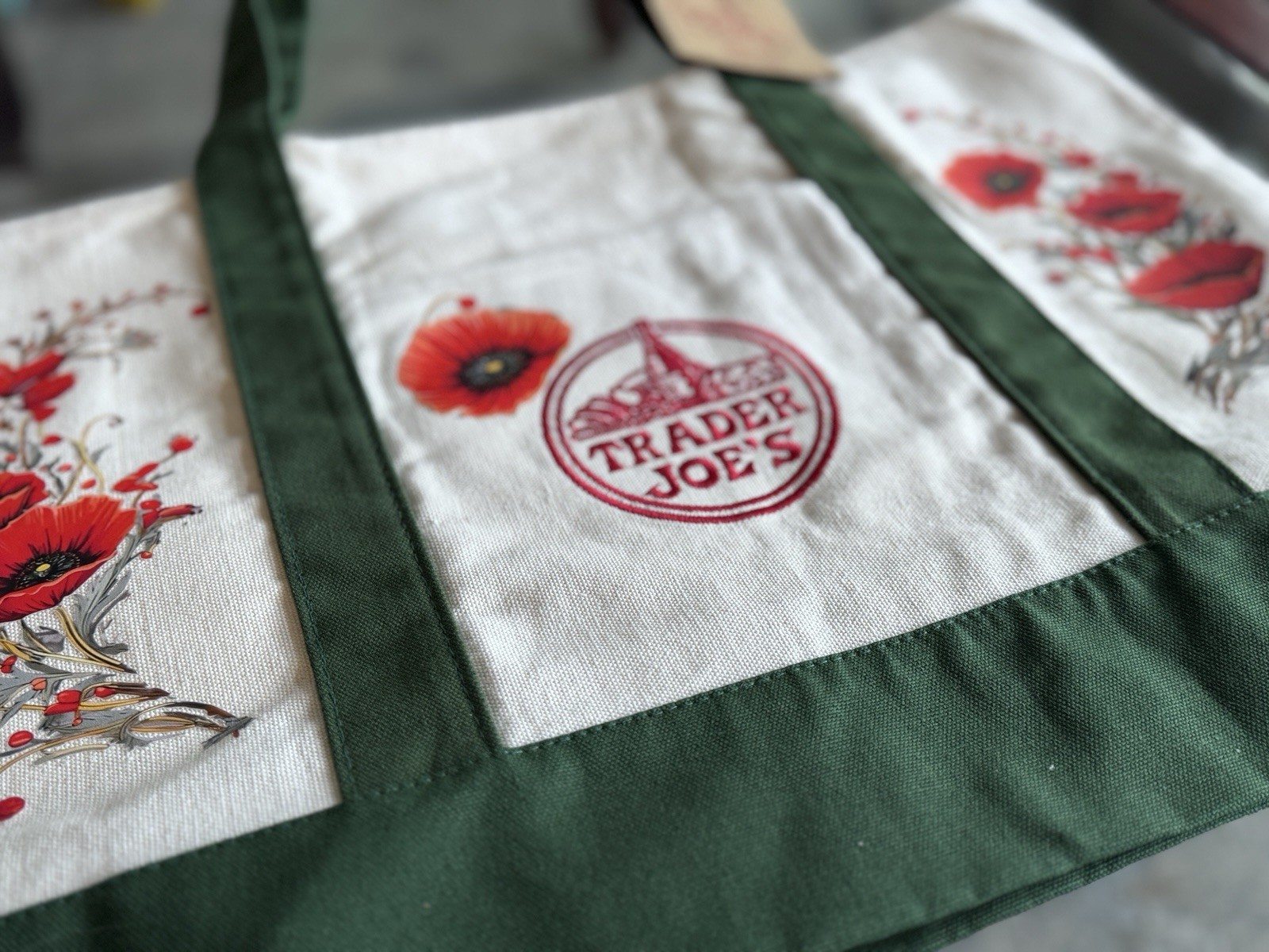 Trader Joe’s Canvas Reusable Shopping Bag Foldable Floral Beige Green Red