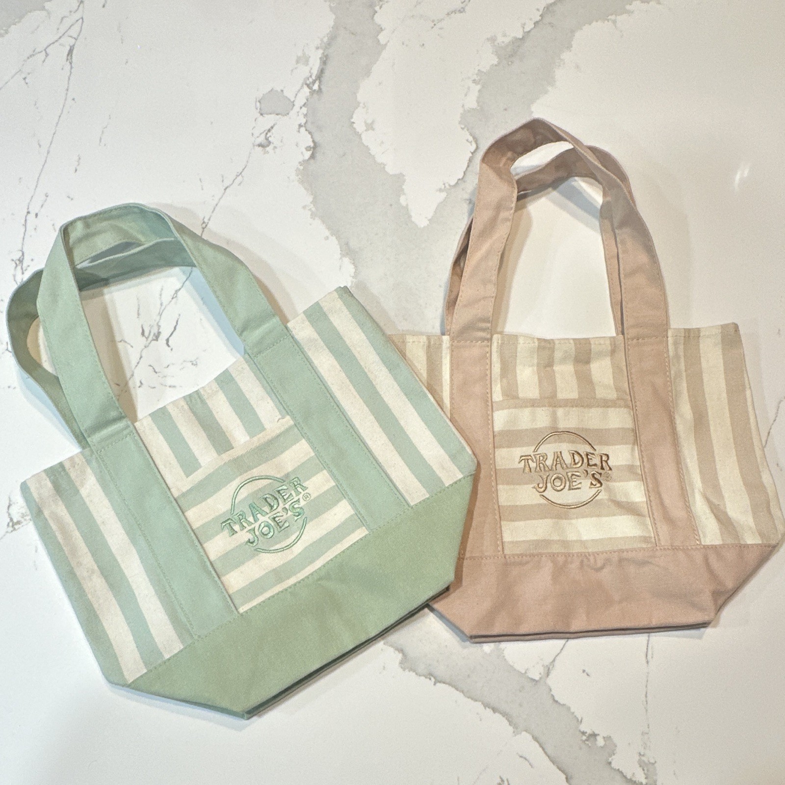 Trader Joe’s Reusable Tote Bags Lot of 2 Green & Tan Striped Multicolor