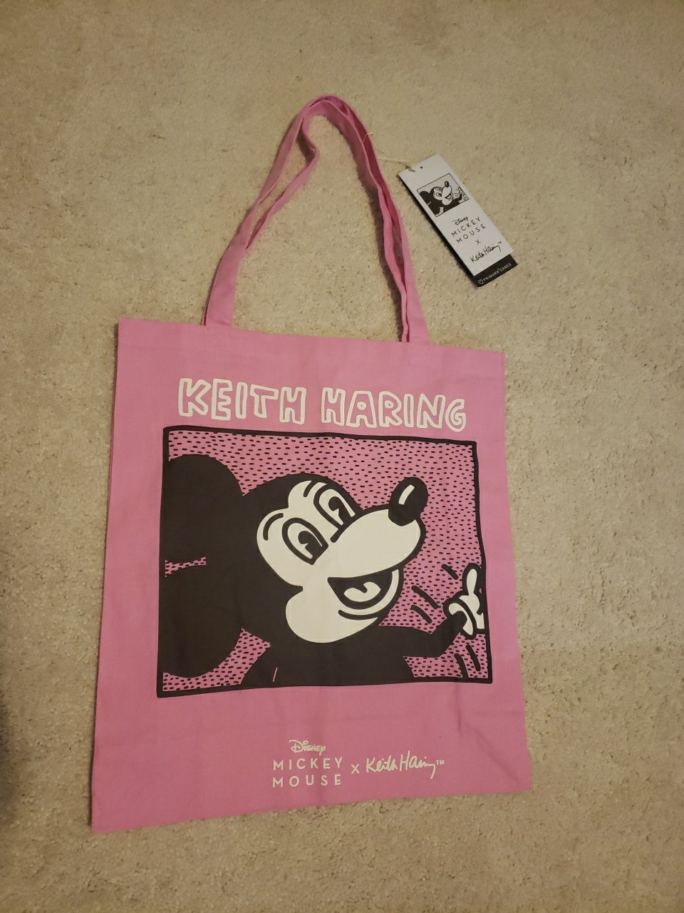 PRIMARK Keith Haring Mickey Mouse Tote Bag Pink Cotton Cloth Disney NEW w/ Tags