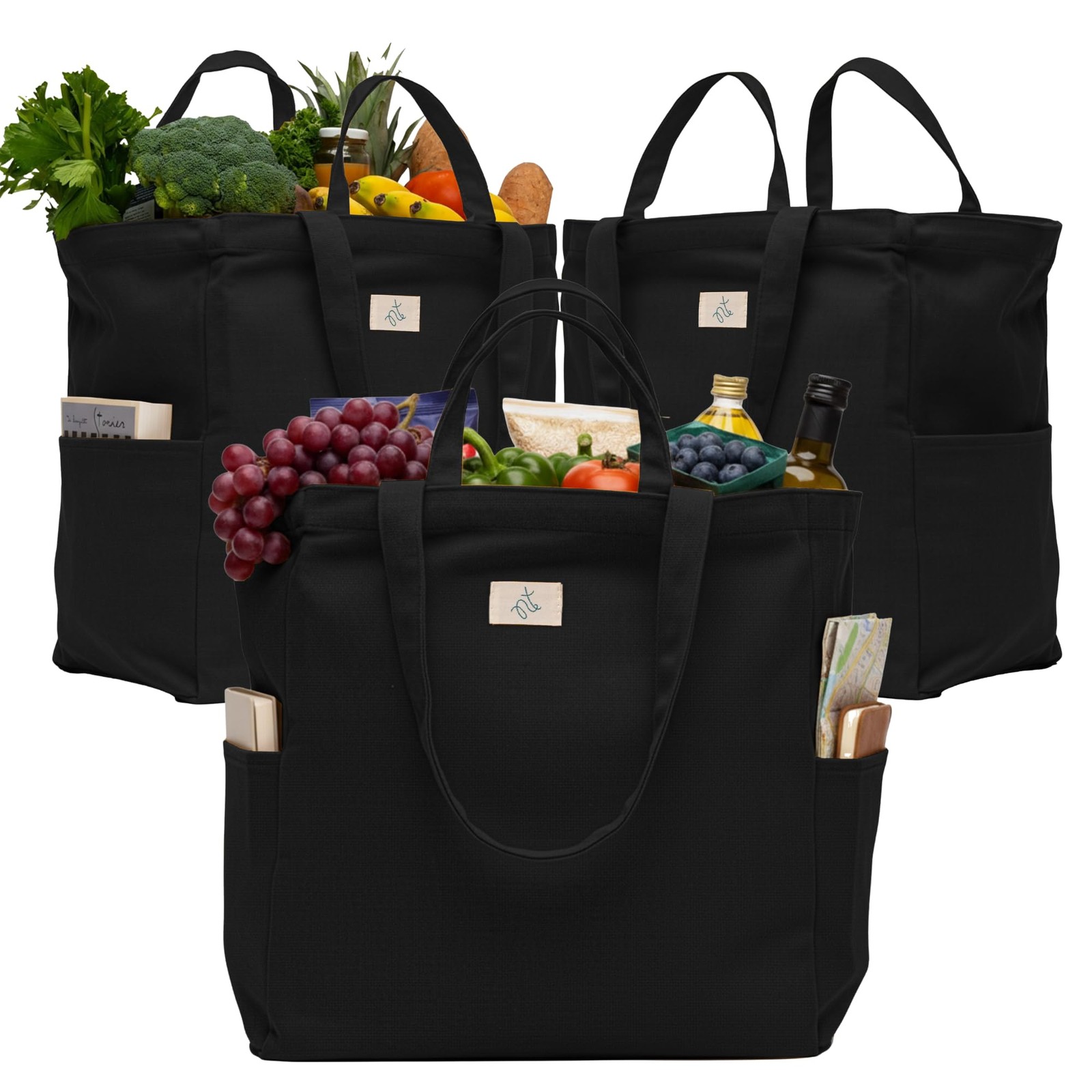 3-Pack Reusable Grocery Bags – Heavy Duty, Large 12 Oz Cotton Canvas Reusable…