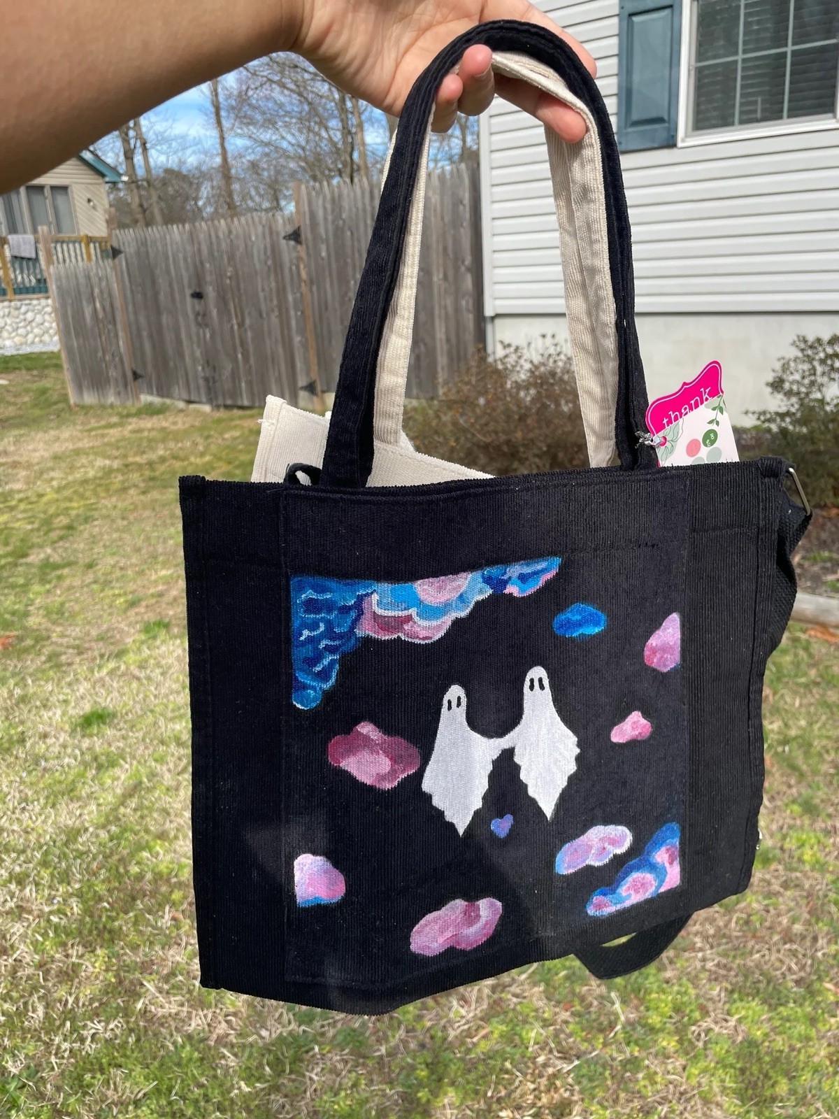 Black Reusable custom Ghost Pattern ToteBag, Medium 14 x 11 x 4 in