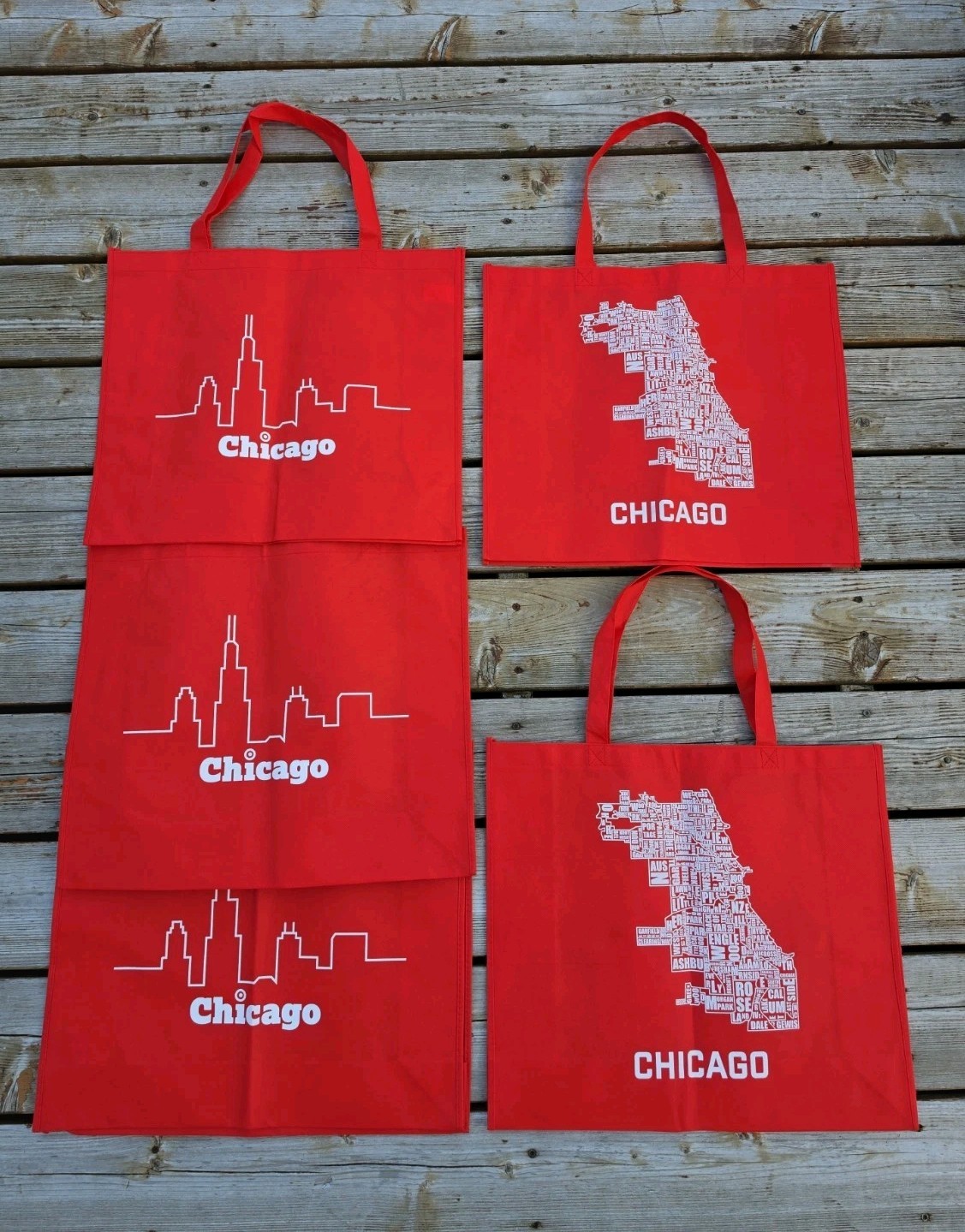 NEW LOT OF 5 COUNT Reusable RED Chicago Shopping Large Tote Bag 15.5×18 in Gift