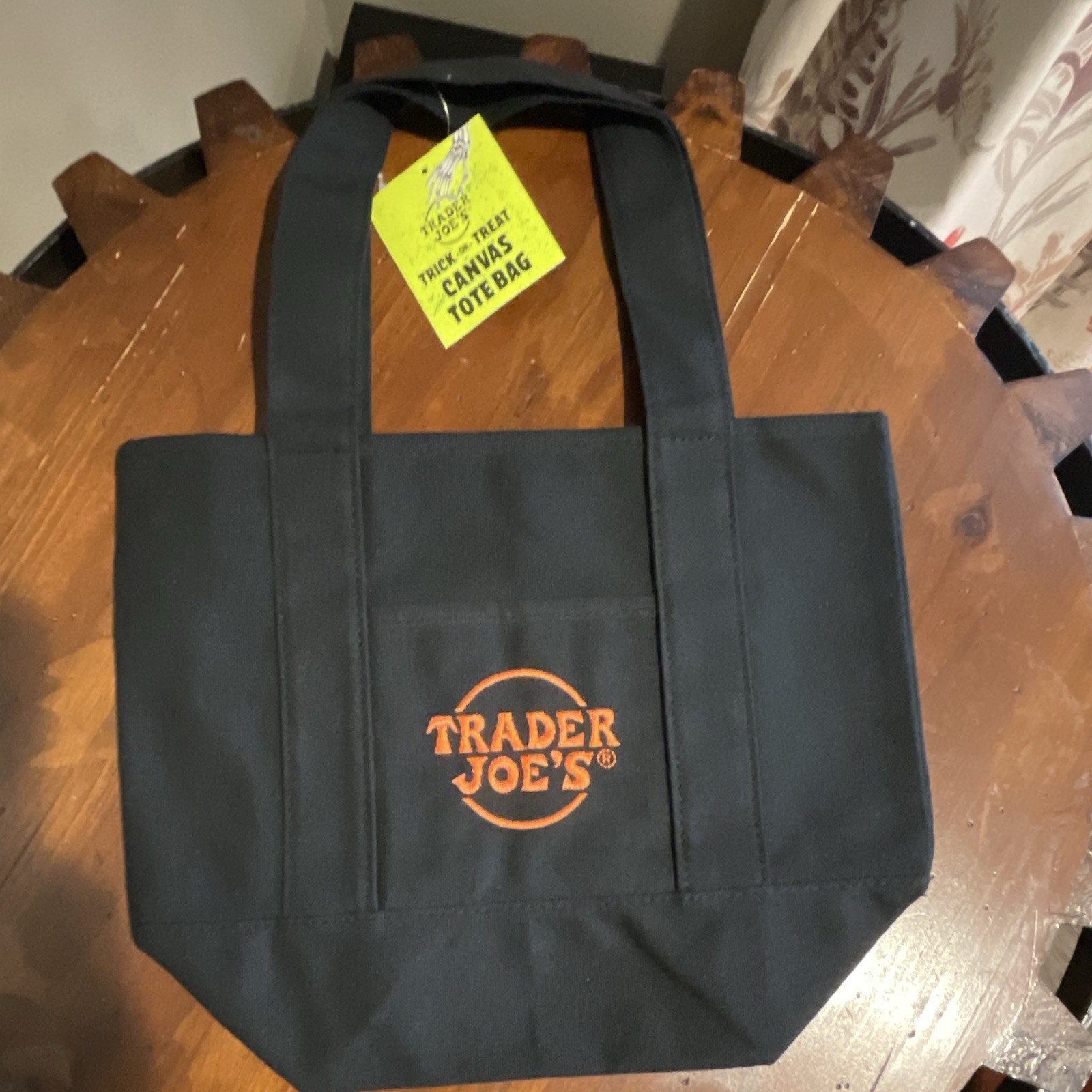 Trader Joe’s Trick-or-Treat Canvas Tote Bag Black Logo Reusable 13x13x6