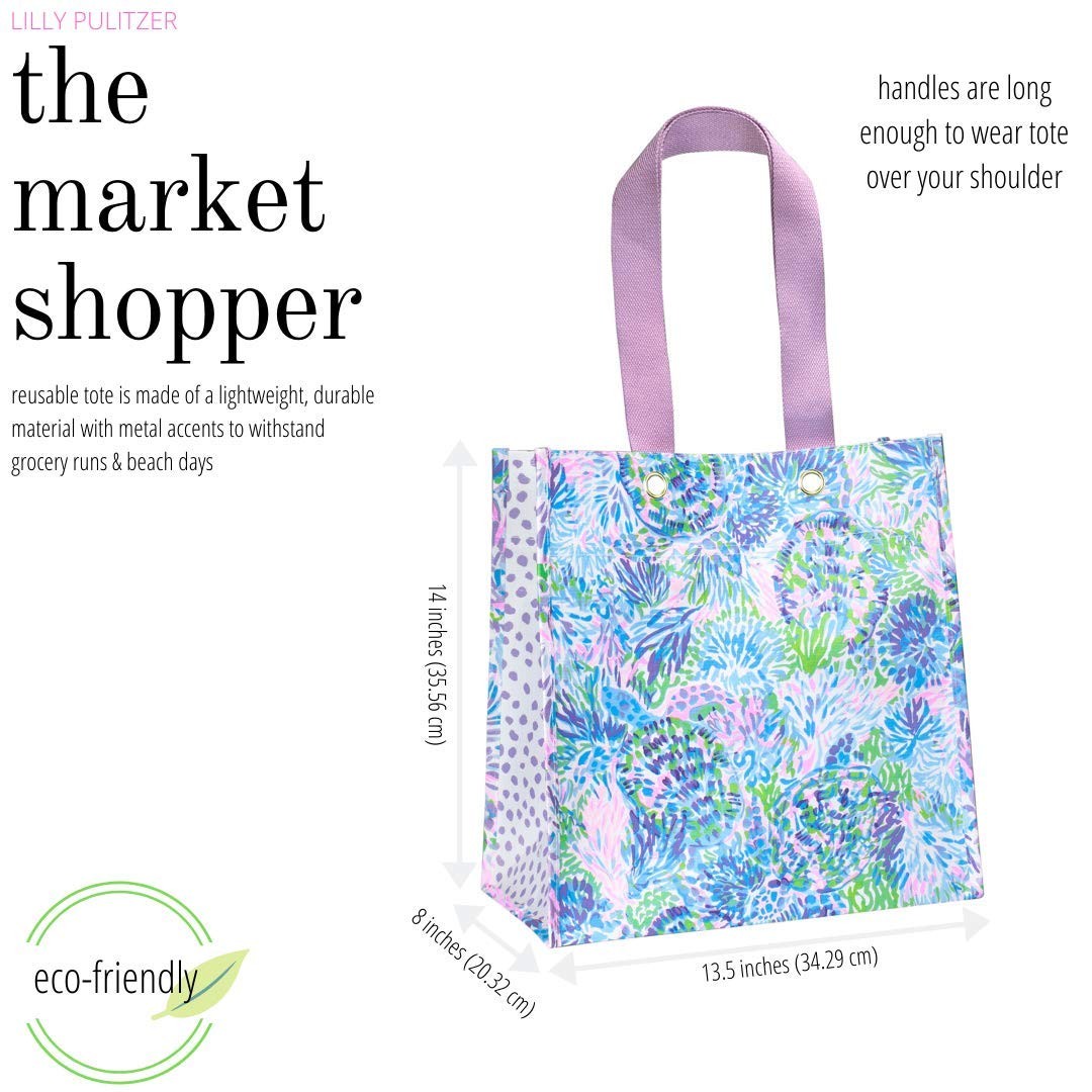Lilly Pulitzer Purple/Blue Market Shopper Bag, Reusable Grocery Tote with Comfor