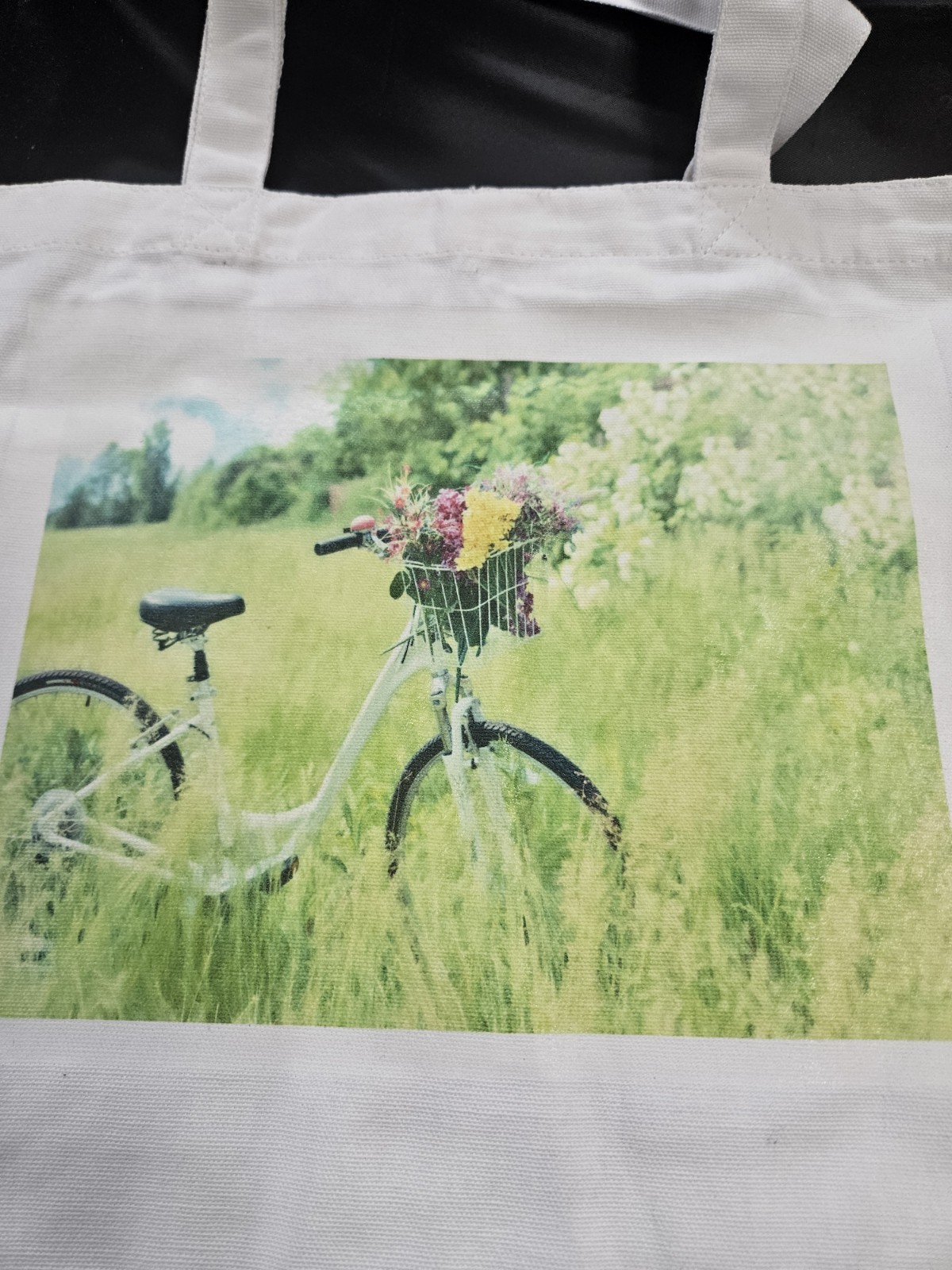 Heat Pressed White Canvas Tote Bag Bicycle & Floral Print 13x12x4in