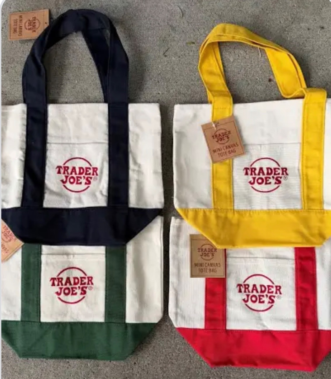 Trader Joe’s Mini Canvas Tote Bag Set Of 4 LIMITED Red Blue Green Blue Holiday !
