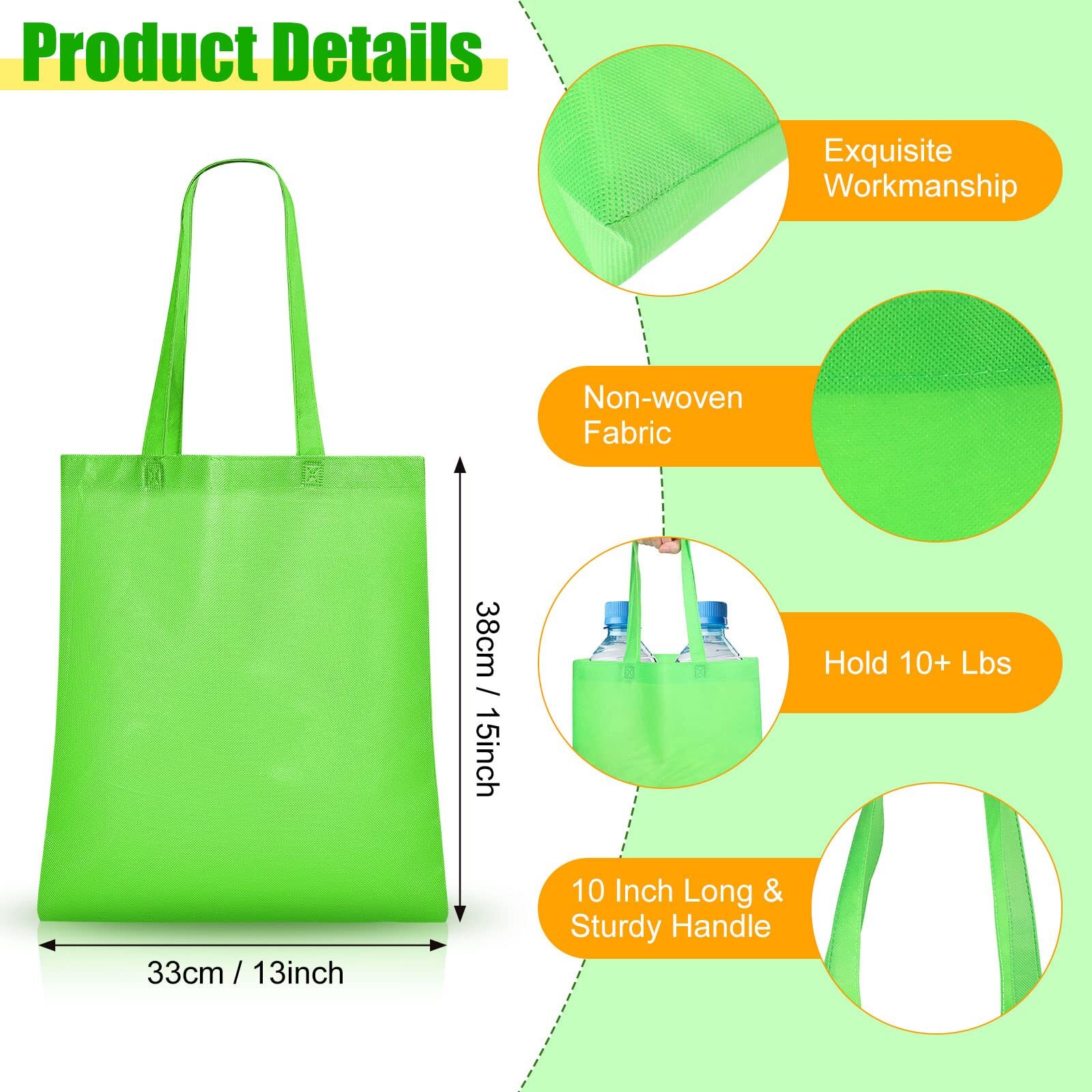 50 Pack Non Woven Bags with Handles 13 x 15 Inch Reusable Tote Bulk Grocery G…