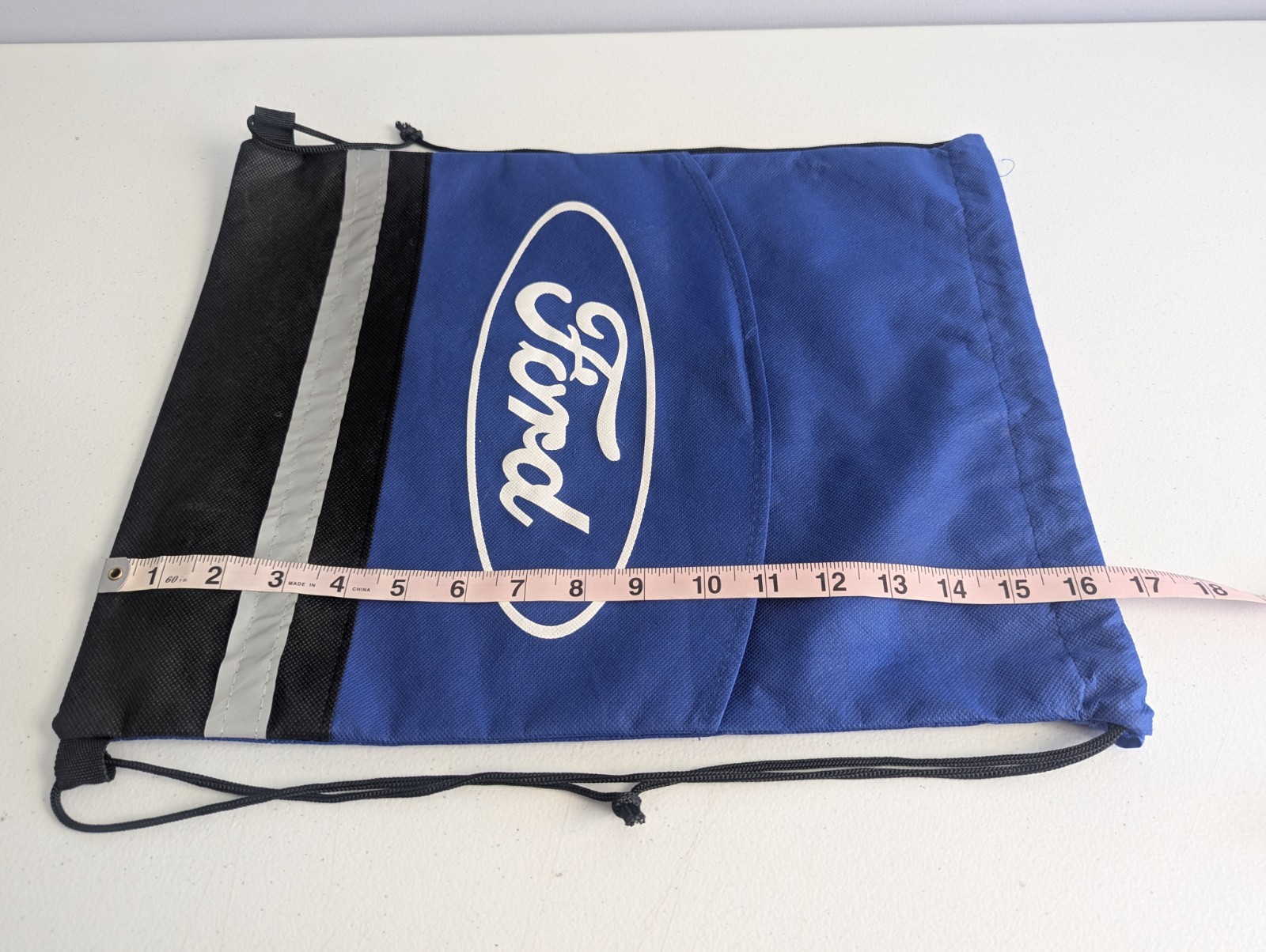 Ford Motor Co Promo Advertising Drawstring Bag Backpack w/ Pocket Black Blue NEW