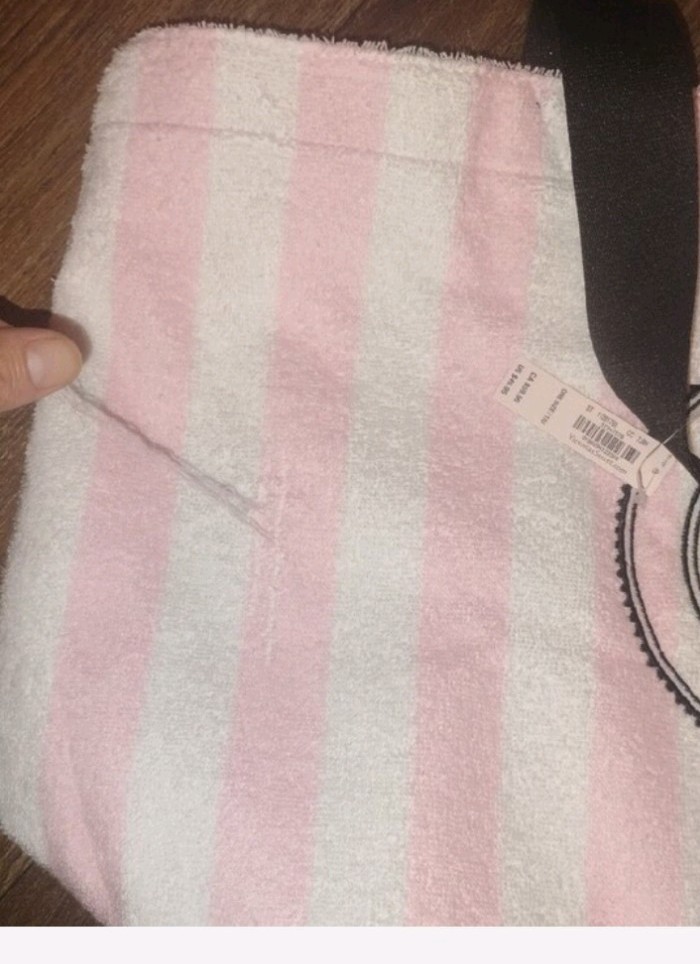 Victoria’s Secret Pink And White Terry Cloth Tote Bag, Black Handles