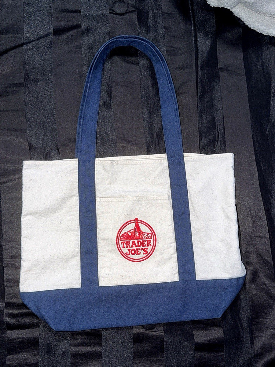 Vintage Trader Joe’s Reusable Canvas Tote Bag White/Blue/Red Logo 18x12x16 in