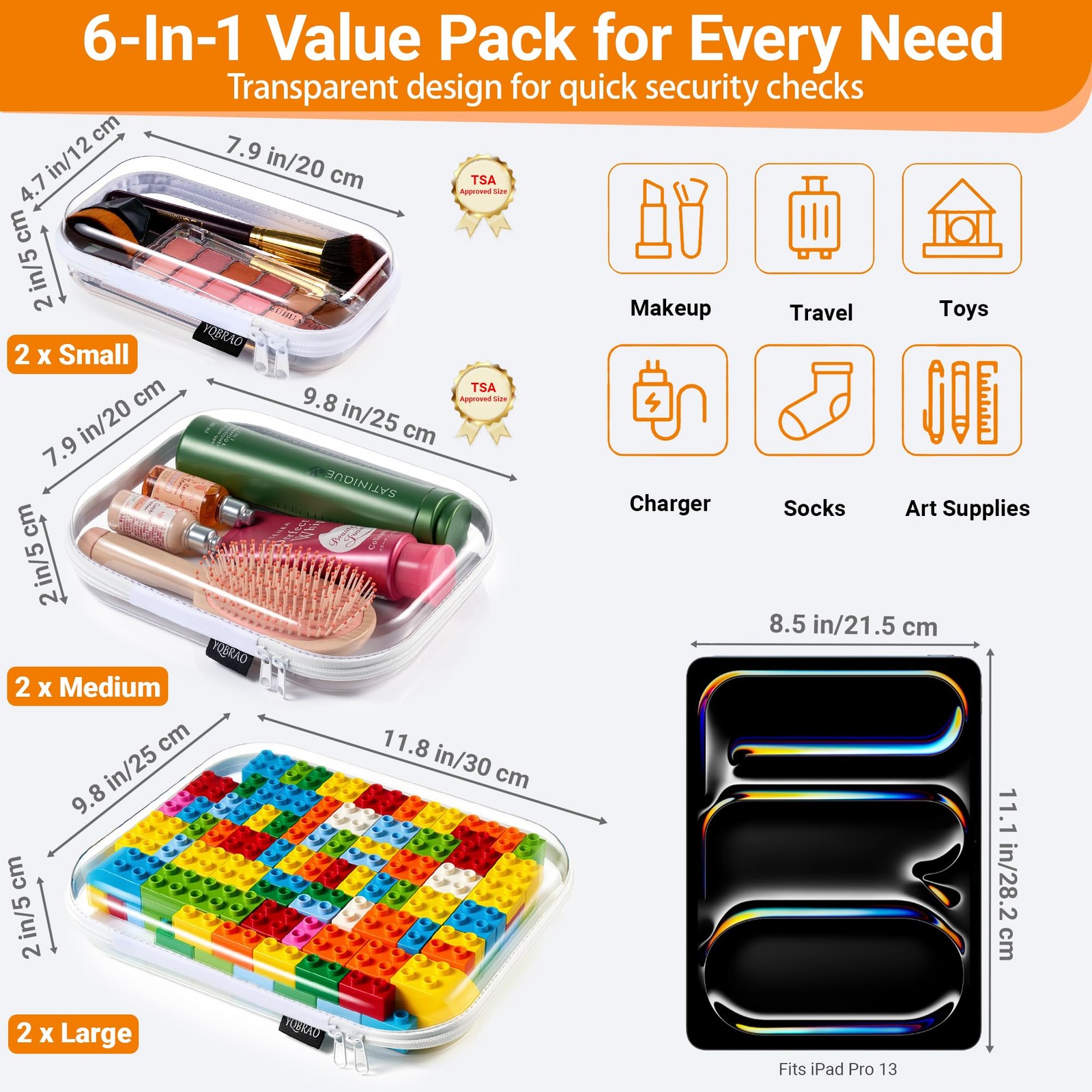 YQBRAO 6 Pack Clear Hard Shell Zipper Case, 1.2mm 6 (2L+2M+2S), White