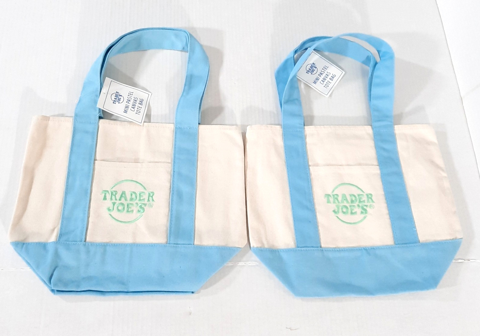 Trader Joe’s Mini Pastel Canvas Tote Bag in Blue NWT Set of 2
