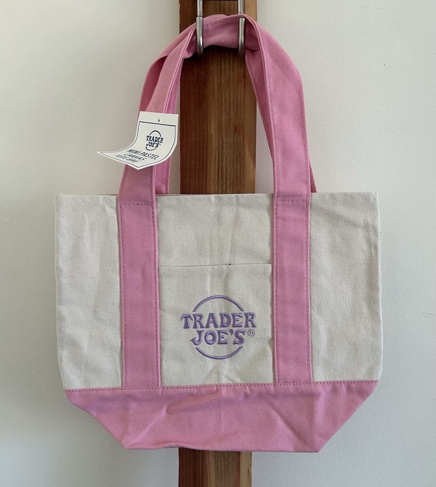 Trader Joe’s Foldable Reusable Tote Bag Pink Beige Canvas Solid 11.5x7x13.5 in