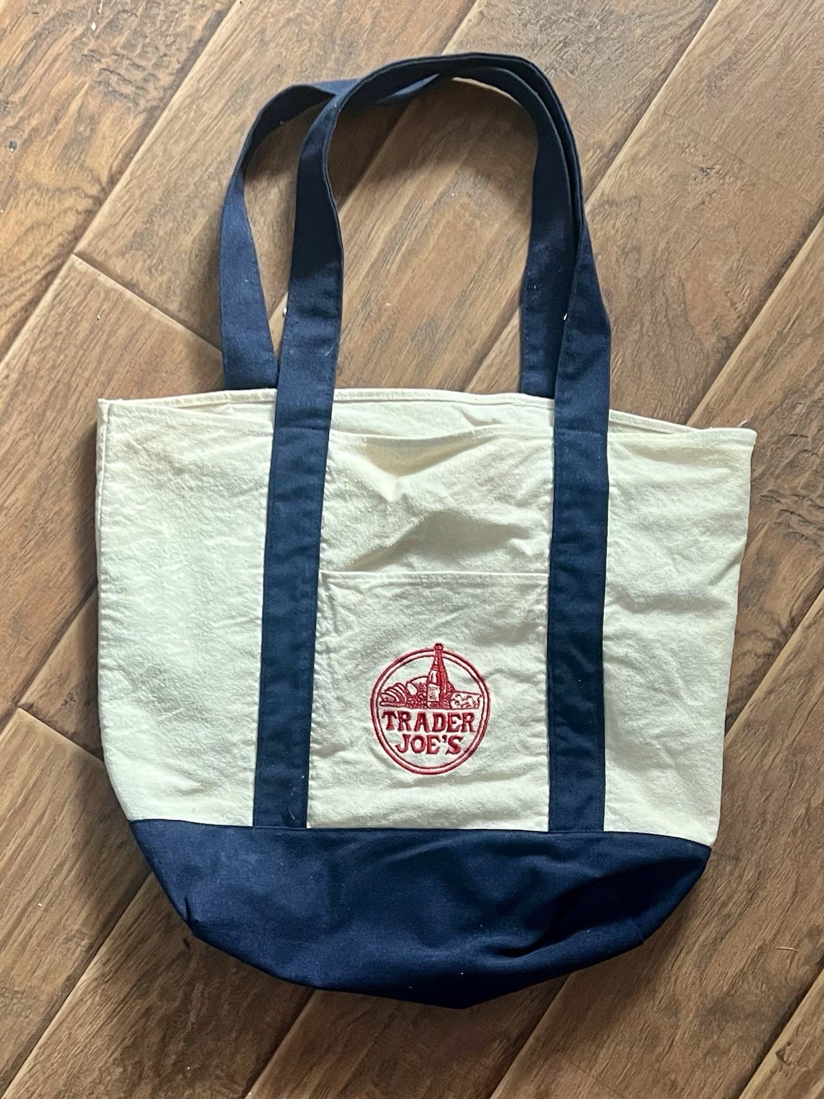 Trader Joe’s Canvas Tote Bag Foldable Beige Navy Blue Reusable Shopping
