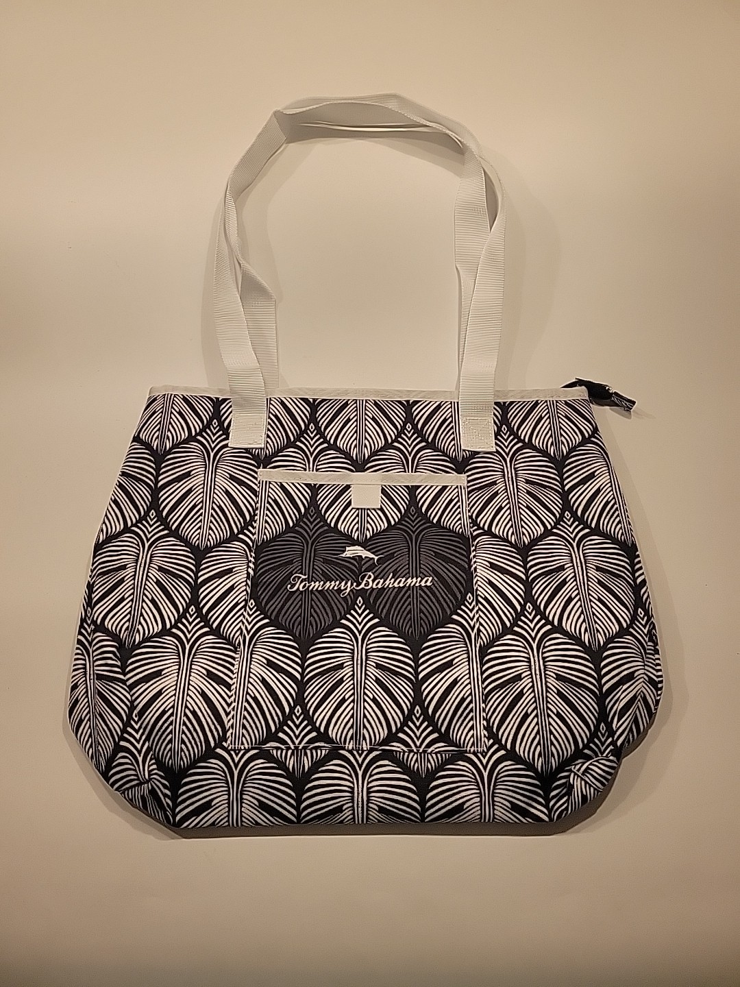 Tommy Bahama Palm Leaf Print Double Handle Tote Insulated Black White logo