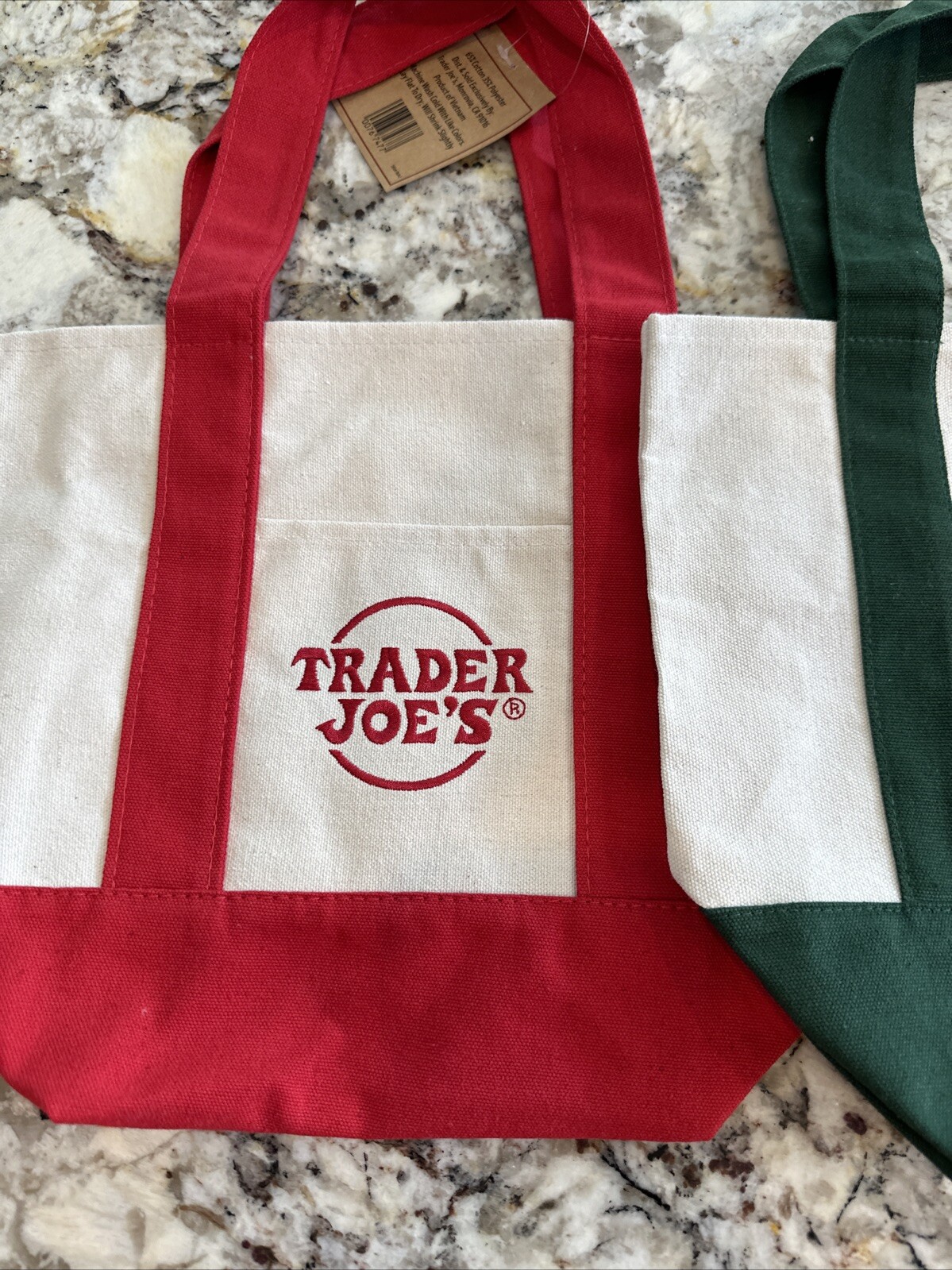 2 Trader Joe canvas, totes, red and green