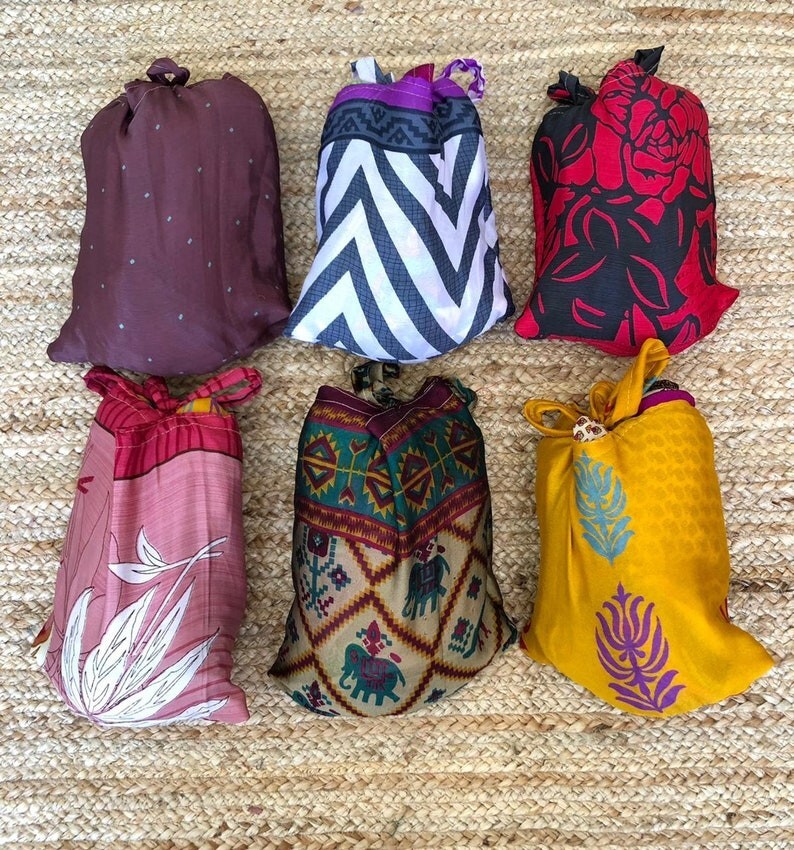100 Pcs Lot Of Upcycled Silk Sari Shopping Bags Reusable Carry Bags Tote bags