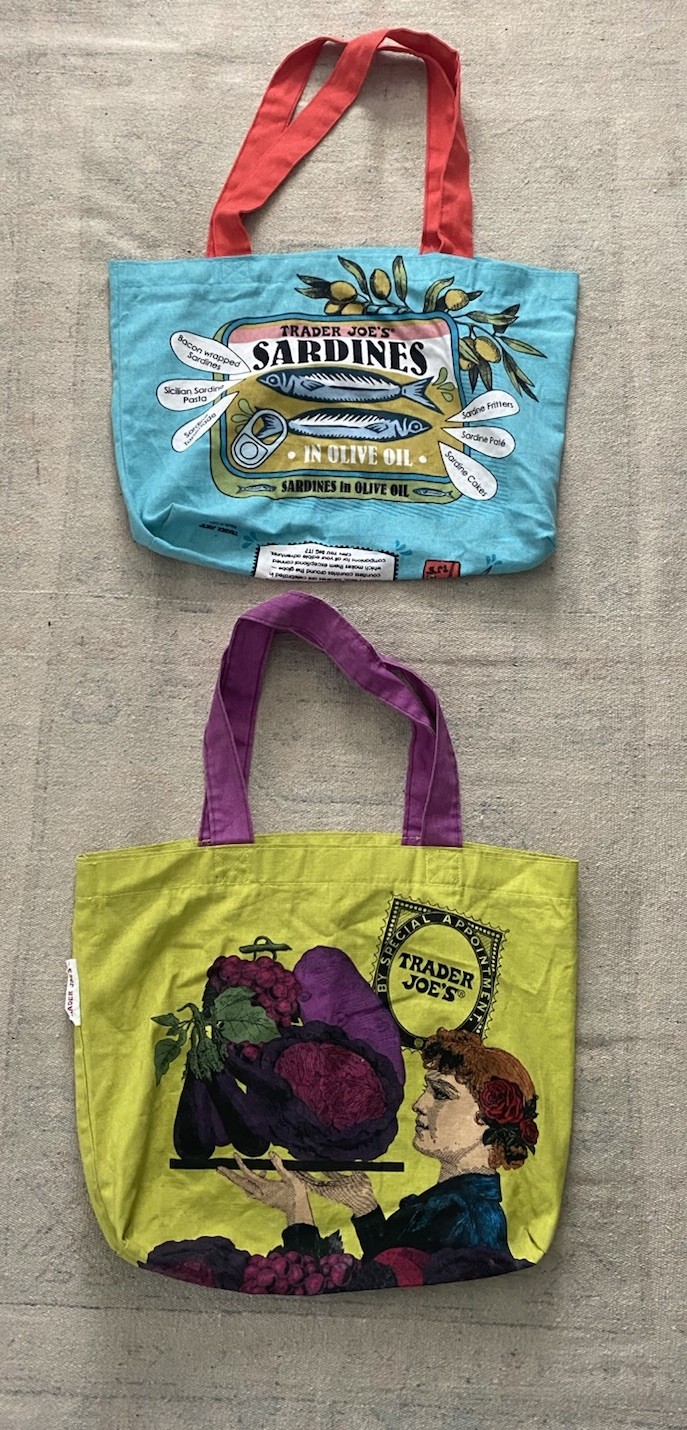2 Trader Joes reusable canvas grocery bag Lady with Fruit & Sardines *READ