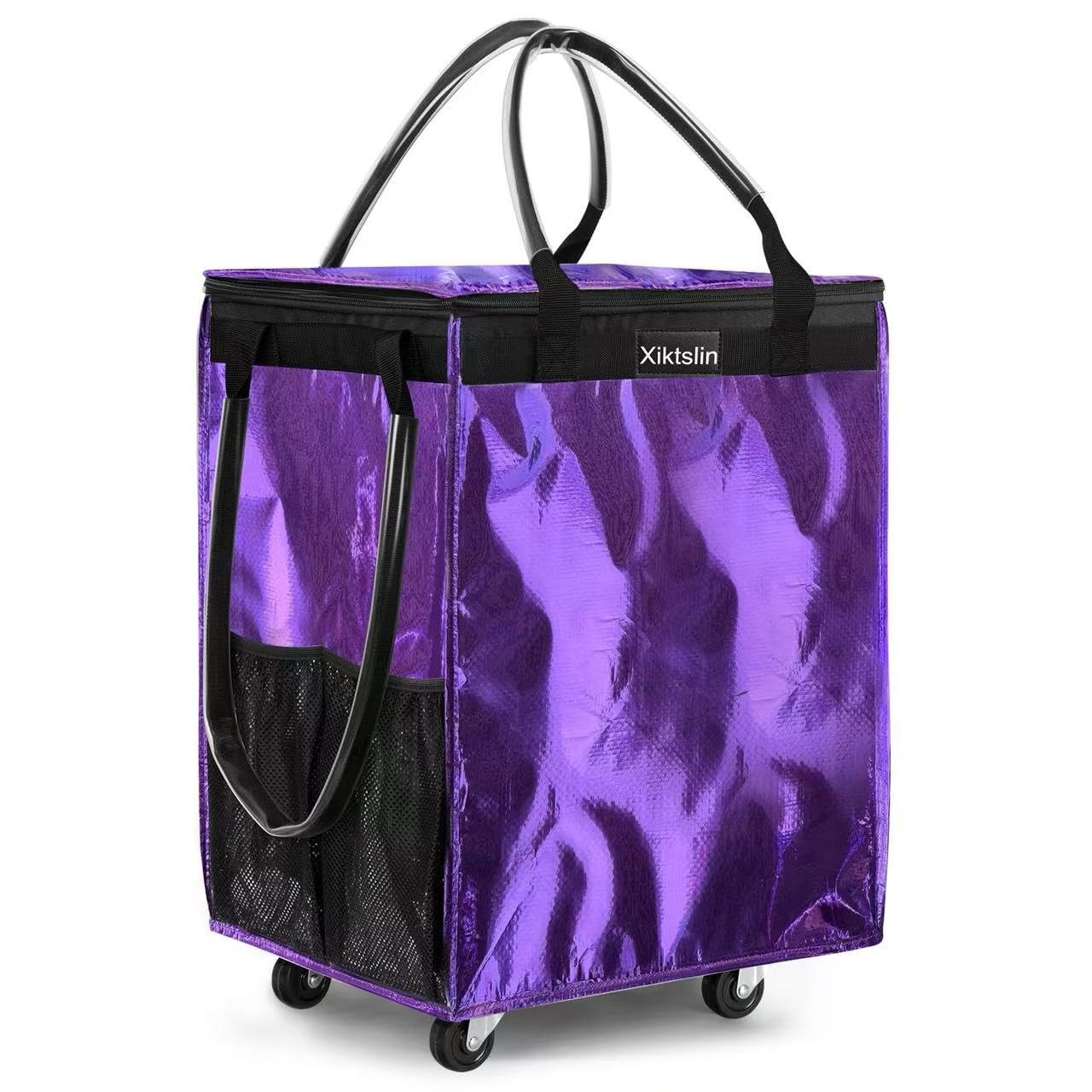 (Medium, Purple) Reusable Grocery Bag on 4 Wheels, Foldable Rolling Tote Carries