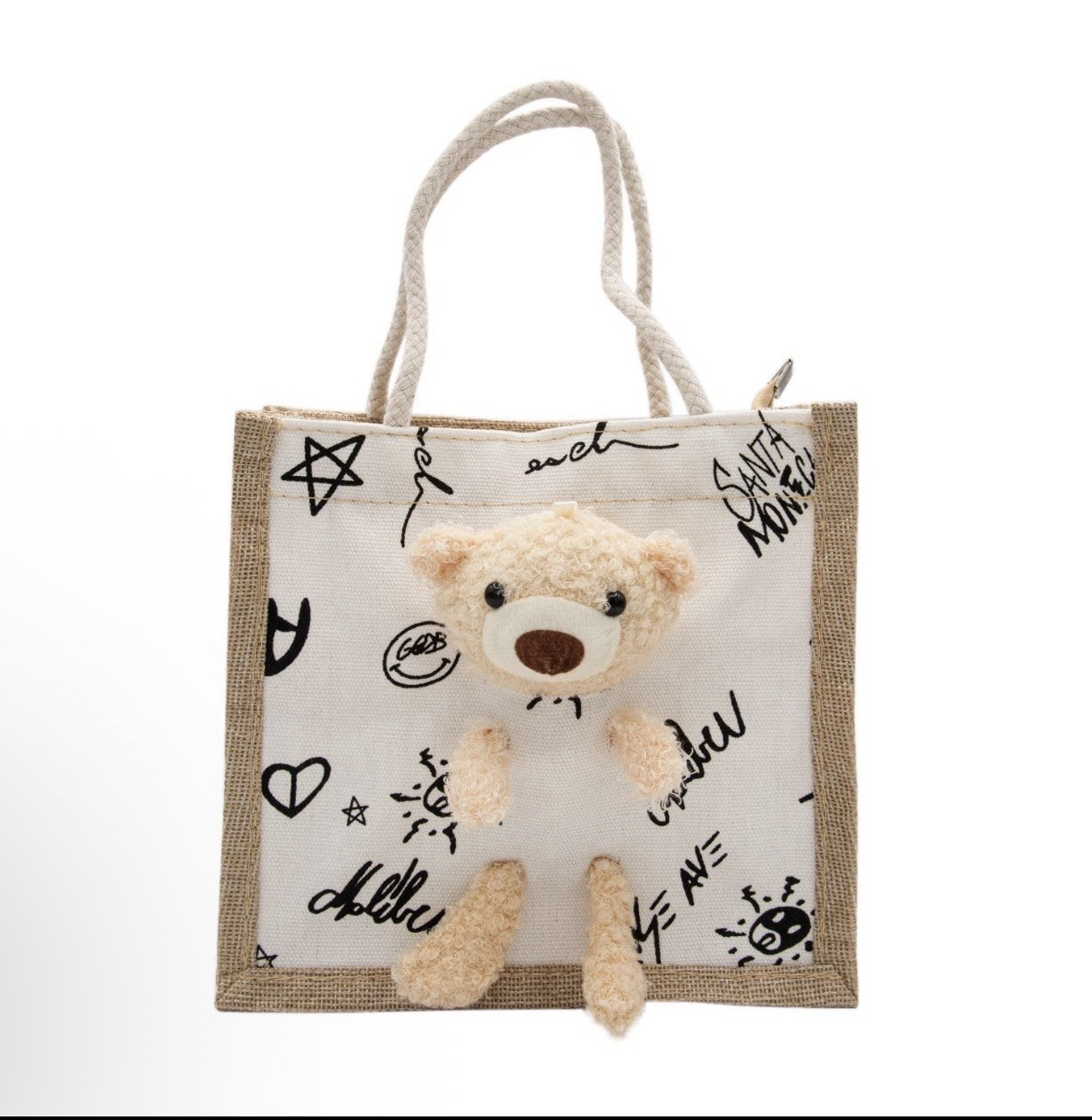 Jute Beige/White Printed Bear Reusable Tote Shopping Bag 8.3×8.3×4 in