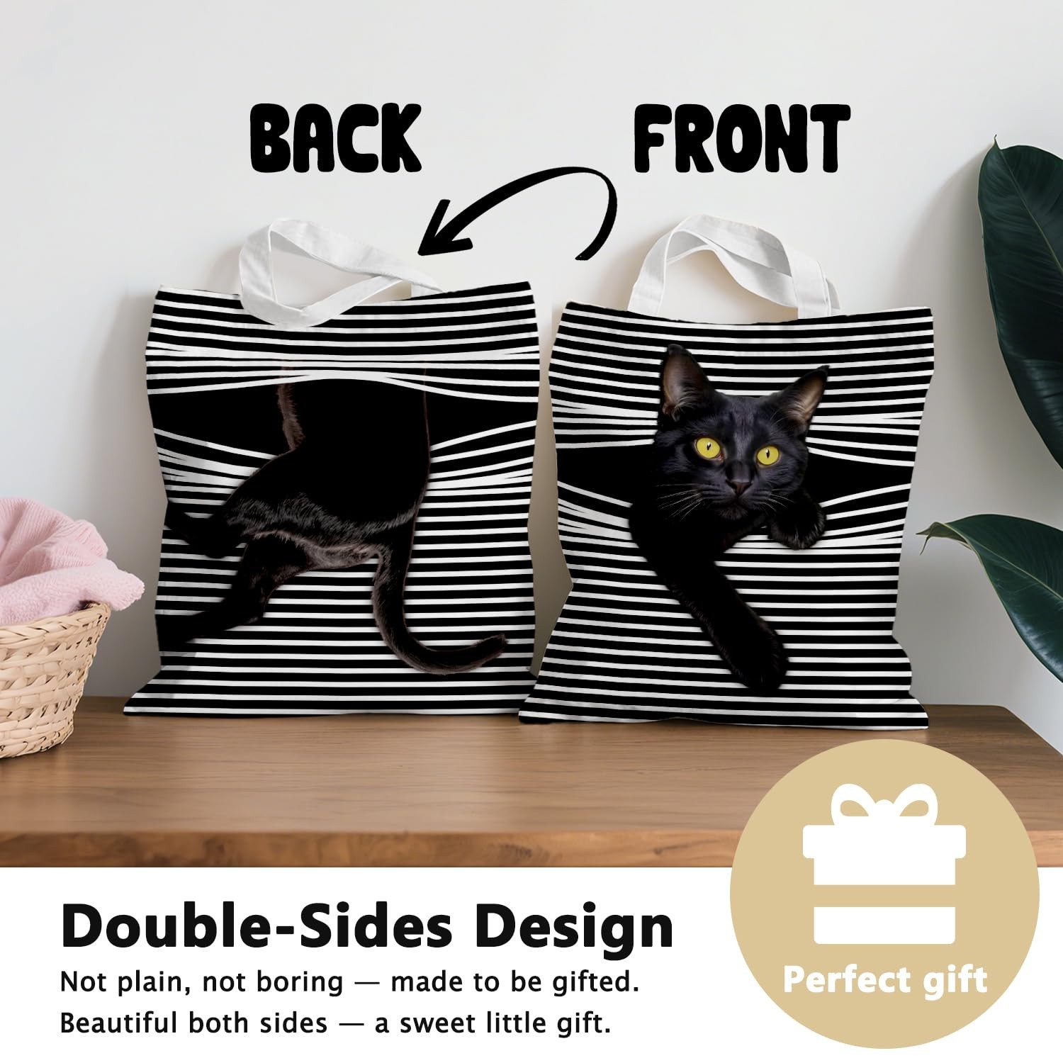 Cute Black Cat Canvas Tote Bag Aesthetic Flowers Reusable Shopping Grocery Ba…