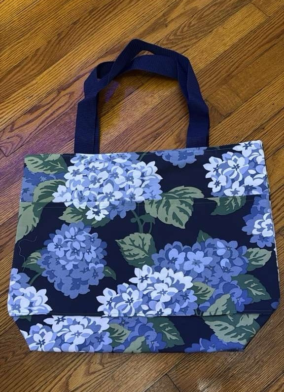 Blue Green Black White Floral Reusable Tote Shopping Bag 12 in Width 6 in H
