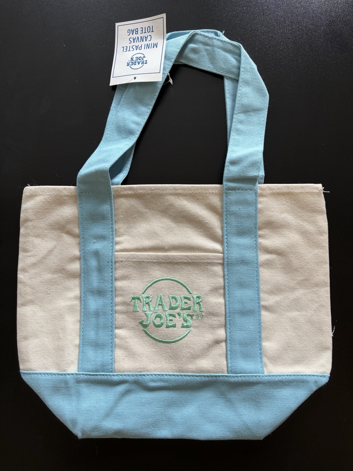 Trader Joe’s Mini Canvas Tote Bag Foldable Beige Light Blue Solid