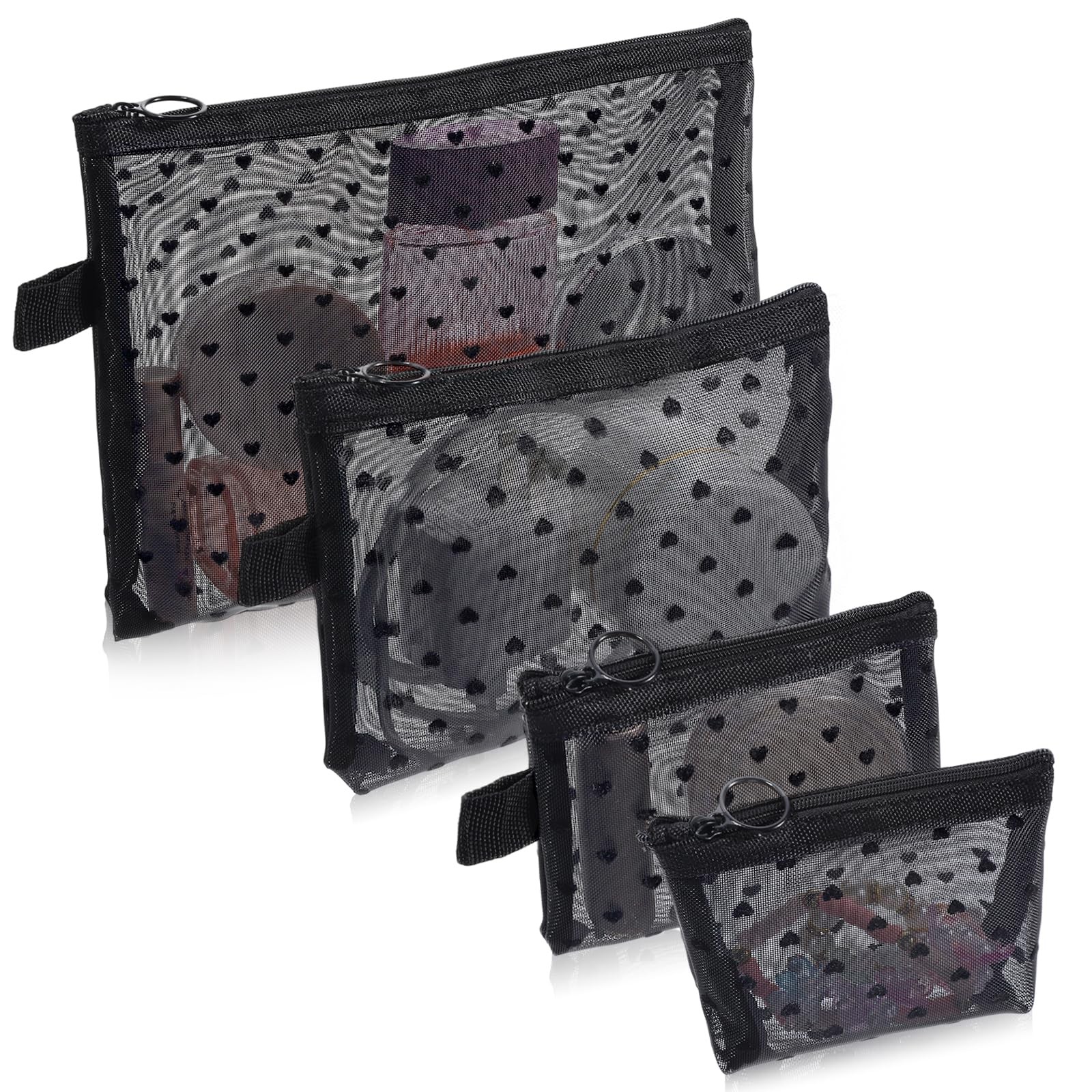 4 PCS Heart Printed Mesh 9.45 x 7.5 inches, 6.5 x 5.5 in, 5.1 x 3.9 Black