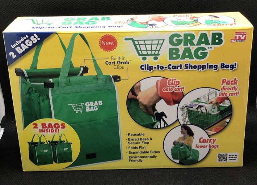 Grab Bag Grocery Shopping Clip to Cart Reusable Expandable Pocket (2 Pack Bags)