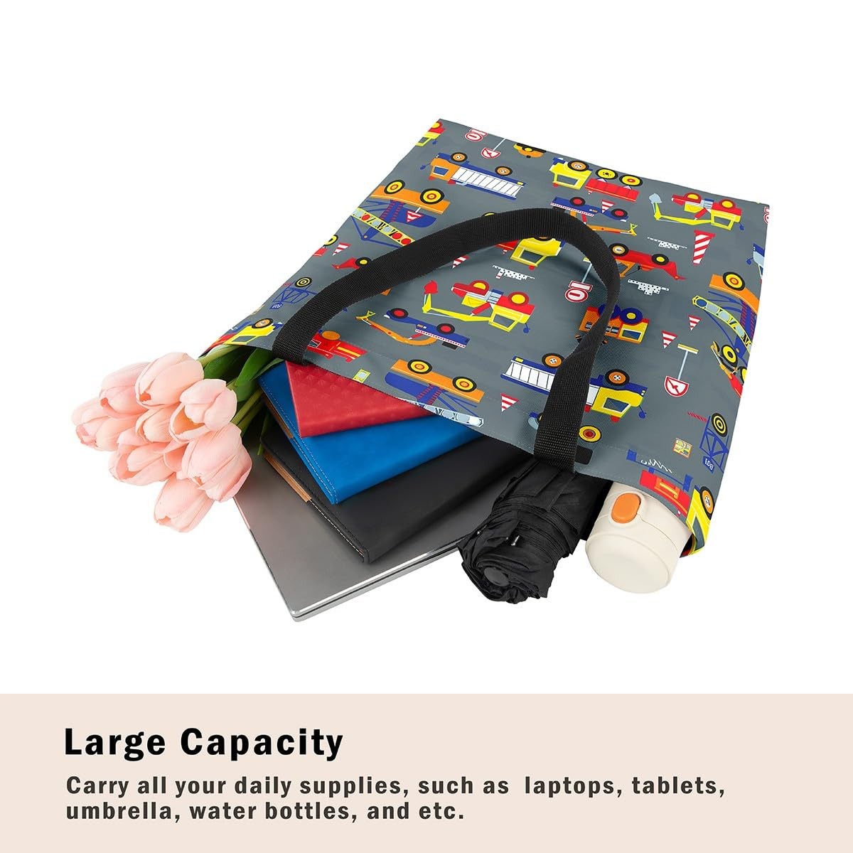 Excavator Cartoon Car Canvas Tote Bag,Tractor Truck Tote Bag Kids Boys Teens,…