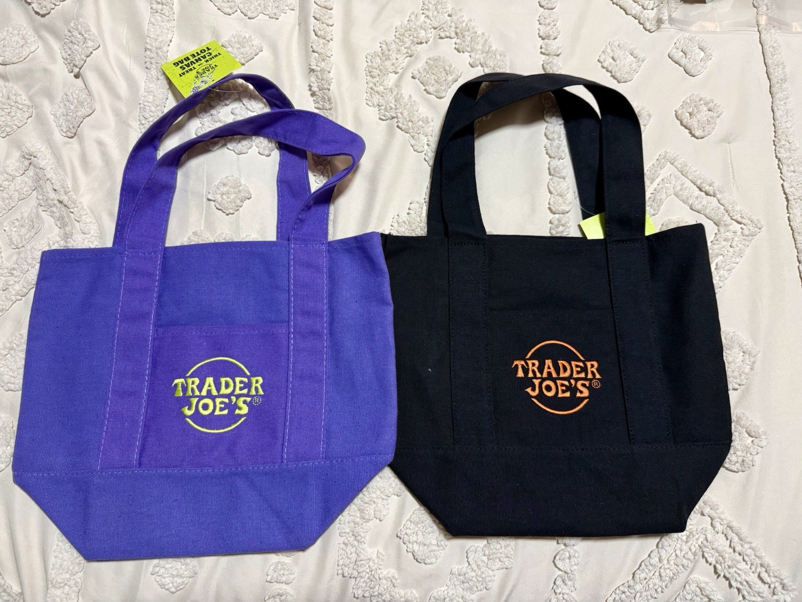 New Halloween Trader Joe’s Canvas Mini Tote Bag Set 2-Pack Purple/Black 12x9x6″