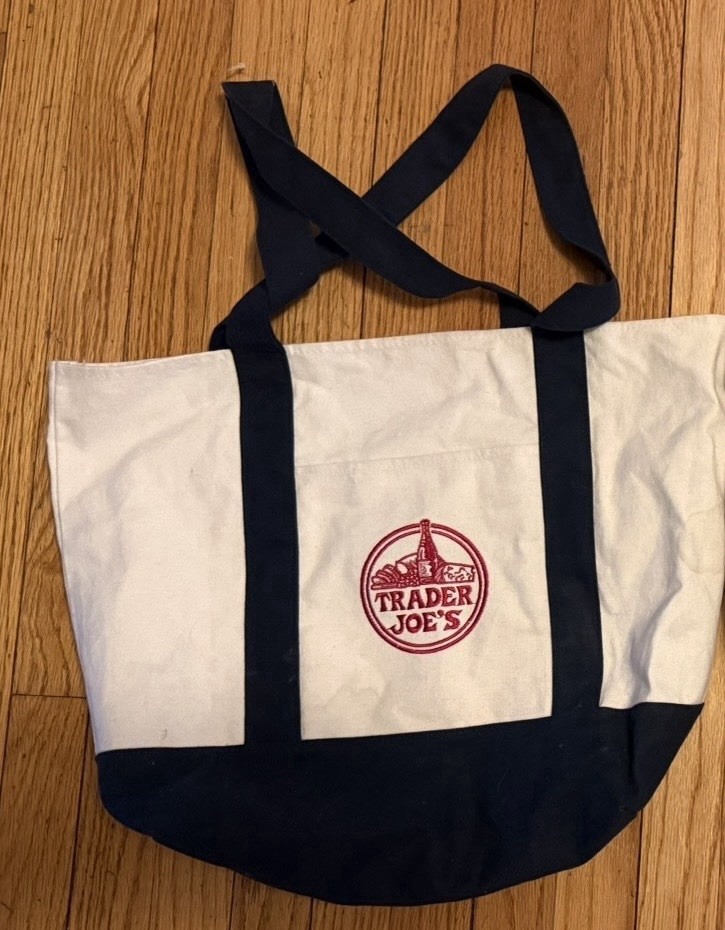 Trader Joe’s Canvas Foldable Reusable Shopping Bag White Navy Blue