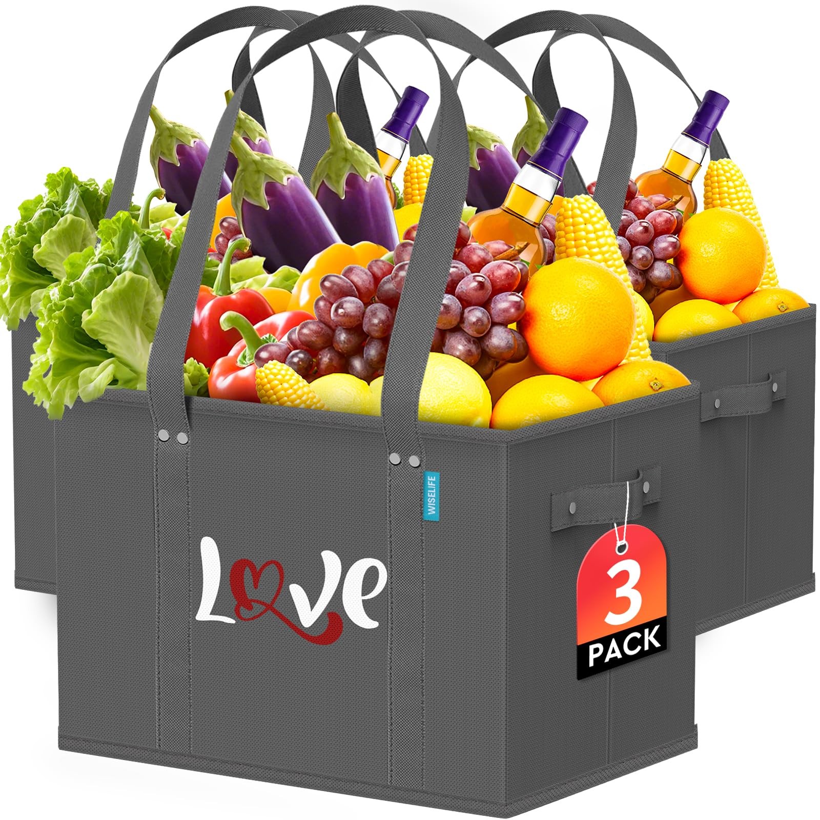 3 PCS Reusable Grocery Bags Heavy Duty Foldable Shopping Tote Reinforced