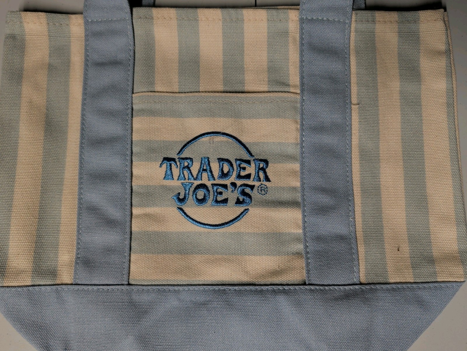 Trader Joes Mini Tote Bag Blue Canvas Pastel Spring Pocket Cotton NWT