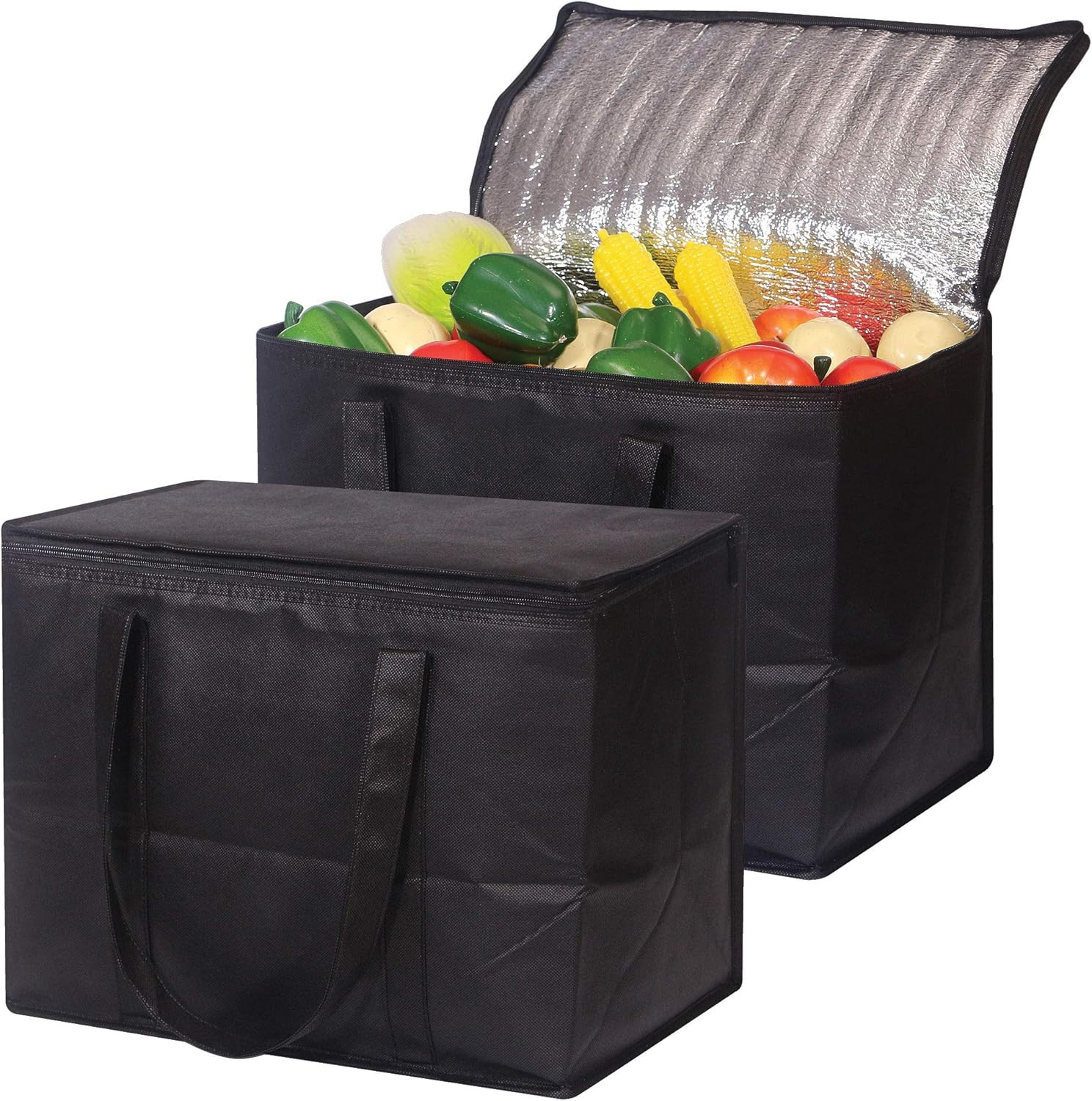 Set of 2 Large Insulated Reusable Grocery Bags with Sturdy Zipper and Handles, F