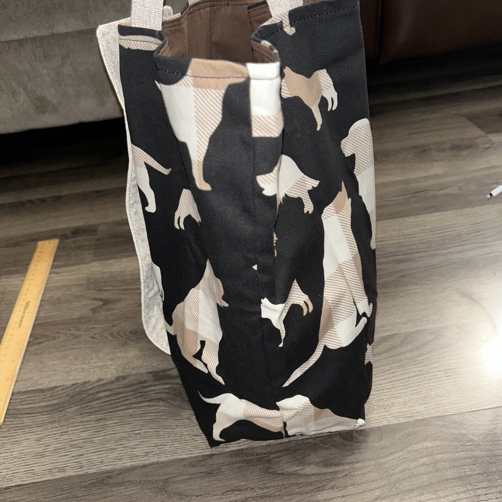 Handmade Embroidered Foldable Reusable Grocery Bag Khaki Plaid Black Dogs