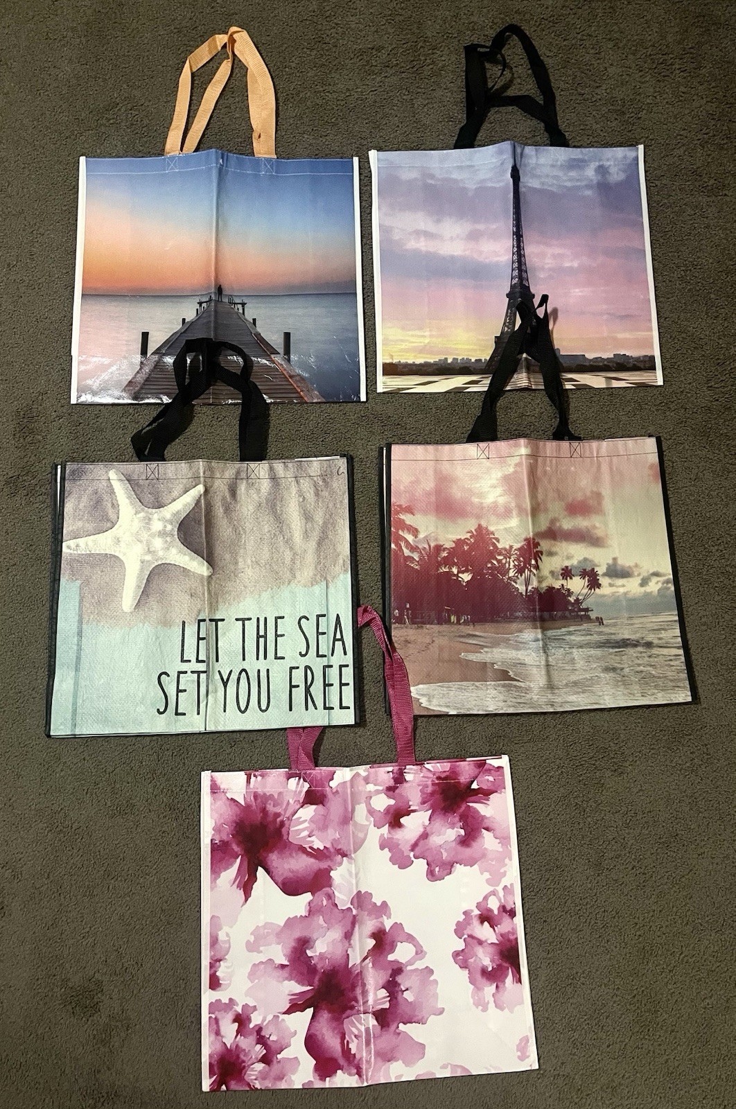 Lot of 5 Burlington Reusable Recyclable Tote Bags-Coastal, Travel, Floral