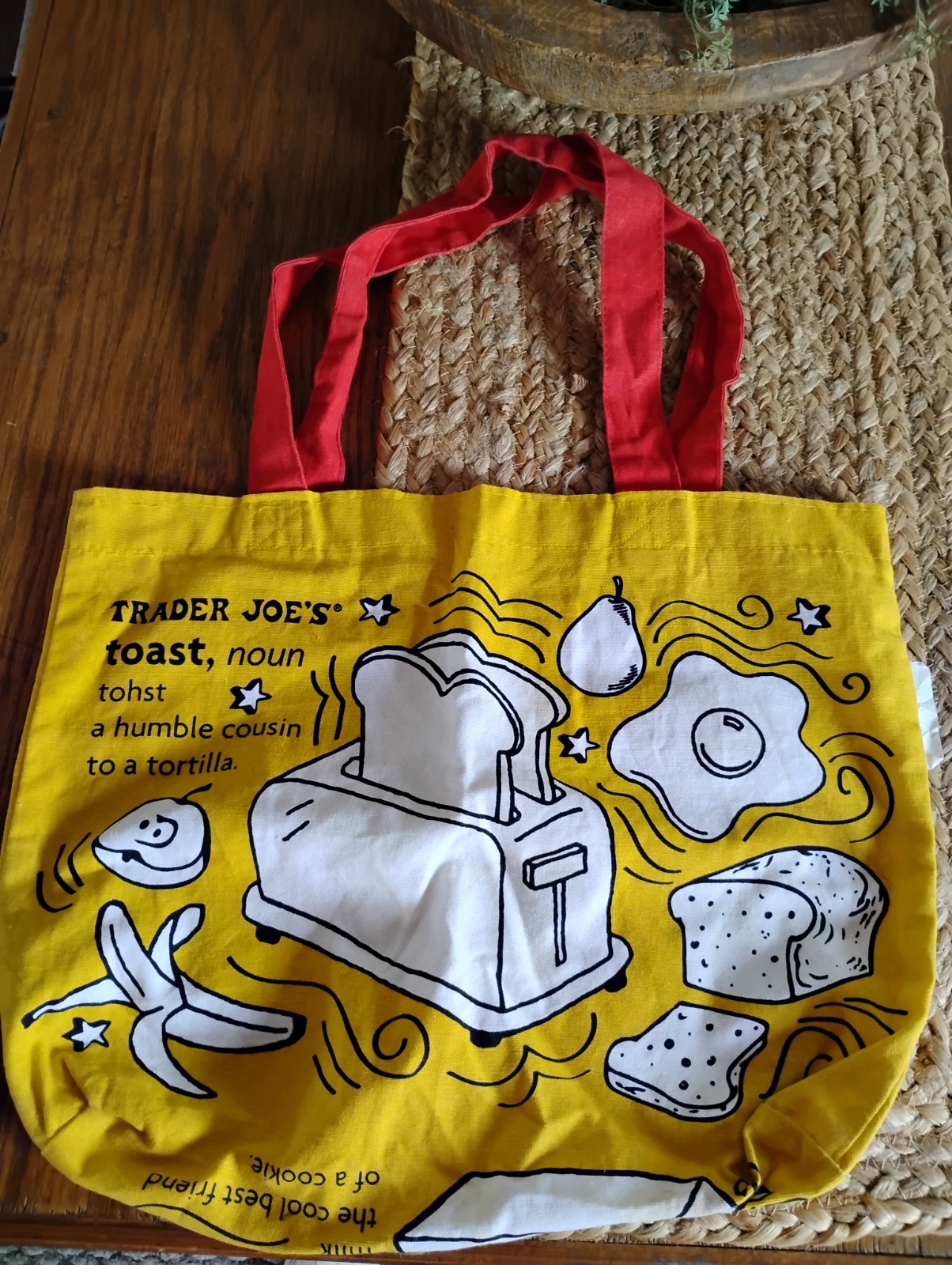 Trader Joes Reusable Canvas Shopping Tote Bag Breakfast Waffles Toast Yellow