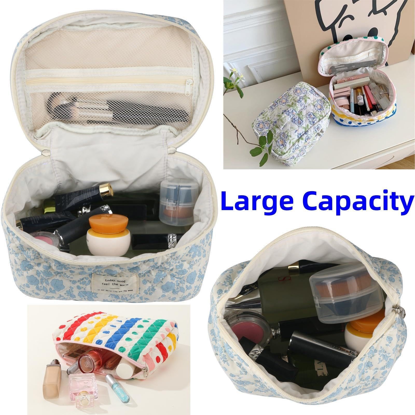 Fcteap Makeup Bag Travel Essentials Quilted Cosmetic Toiletry Large, Flower